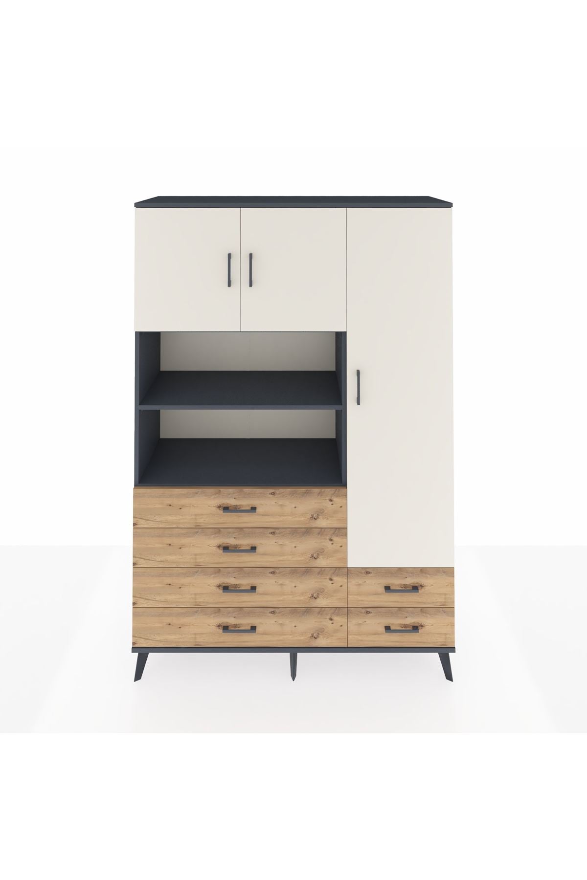 Hyperion Dolap 9 Raflı 6 Çekmeceli 3 Kapaklı 132x44x195 Antrasit-Aytaşı/Çam