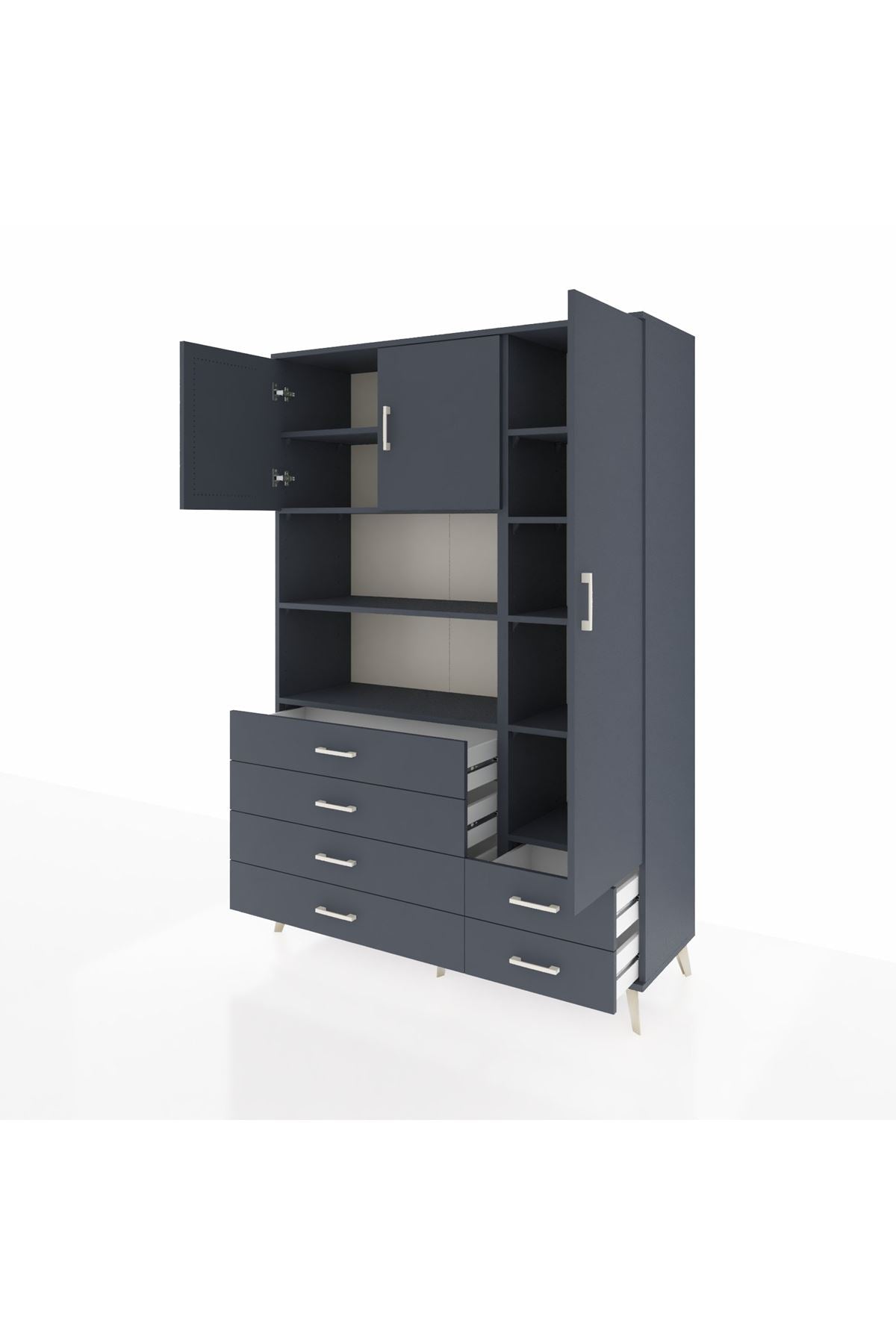 Hyperion Dolap 9 Raflı 6 Çekmeceli 3 Kapaklı 132x44x195 Antrasit-Antrasit/Antrasit