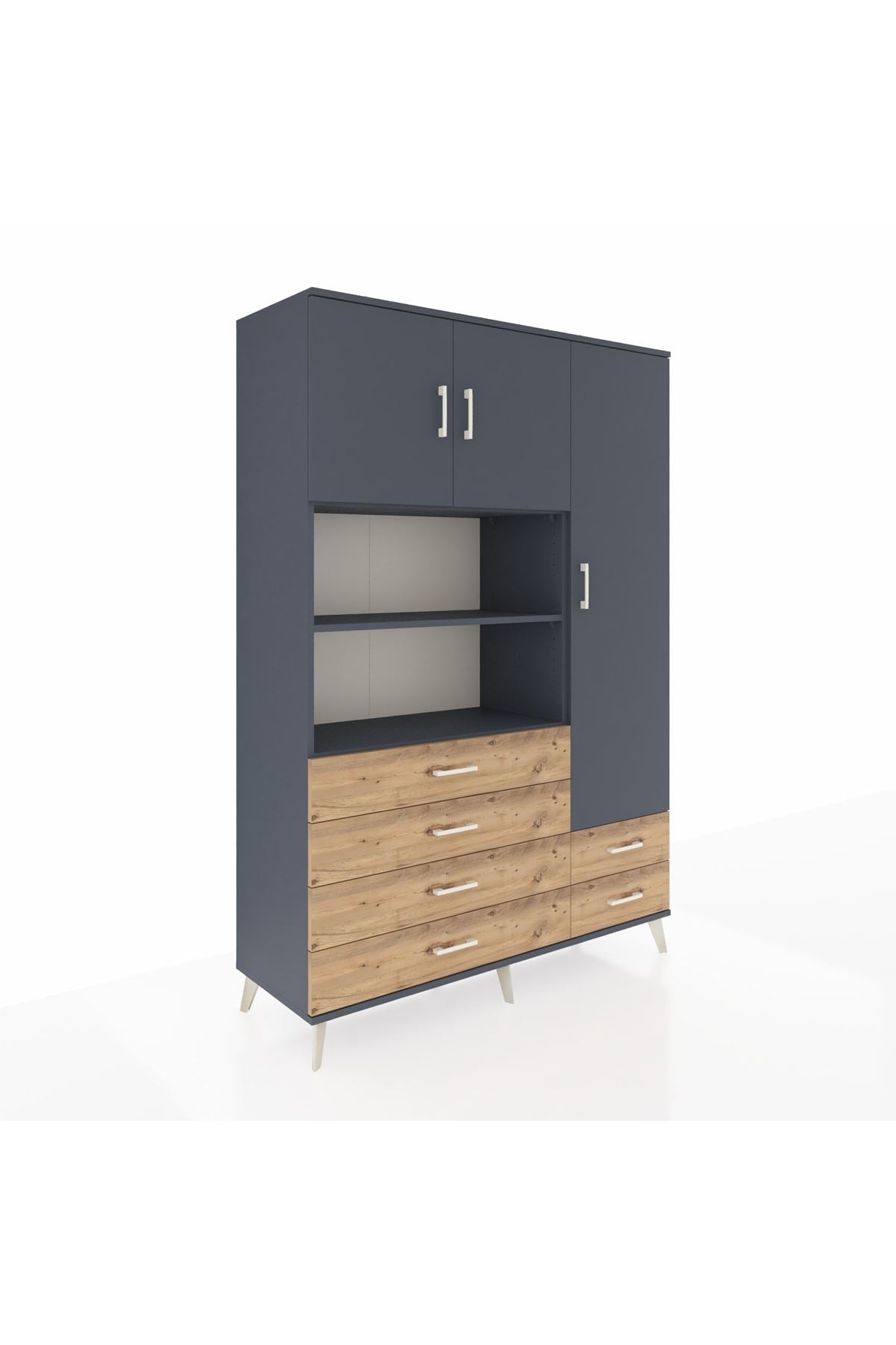 Hyperion Dolap 9 Raflı 6 Çekmeceli 3 Kapaklı 132x44x195 Antrasit-Antrasit/Çam