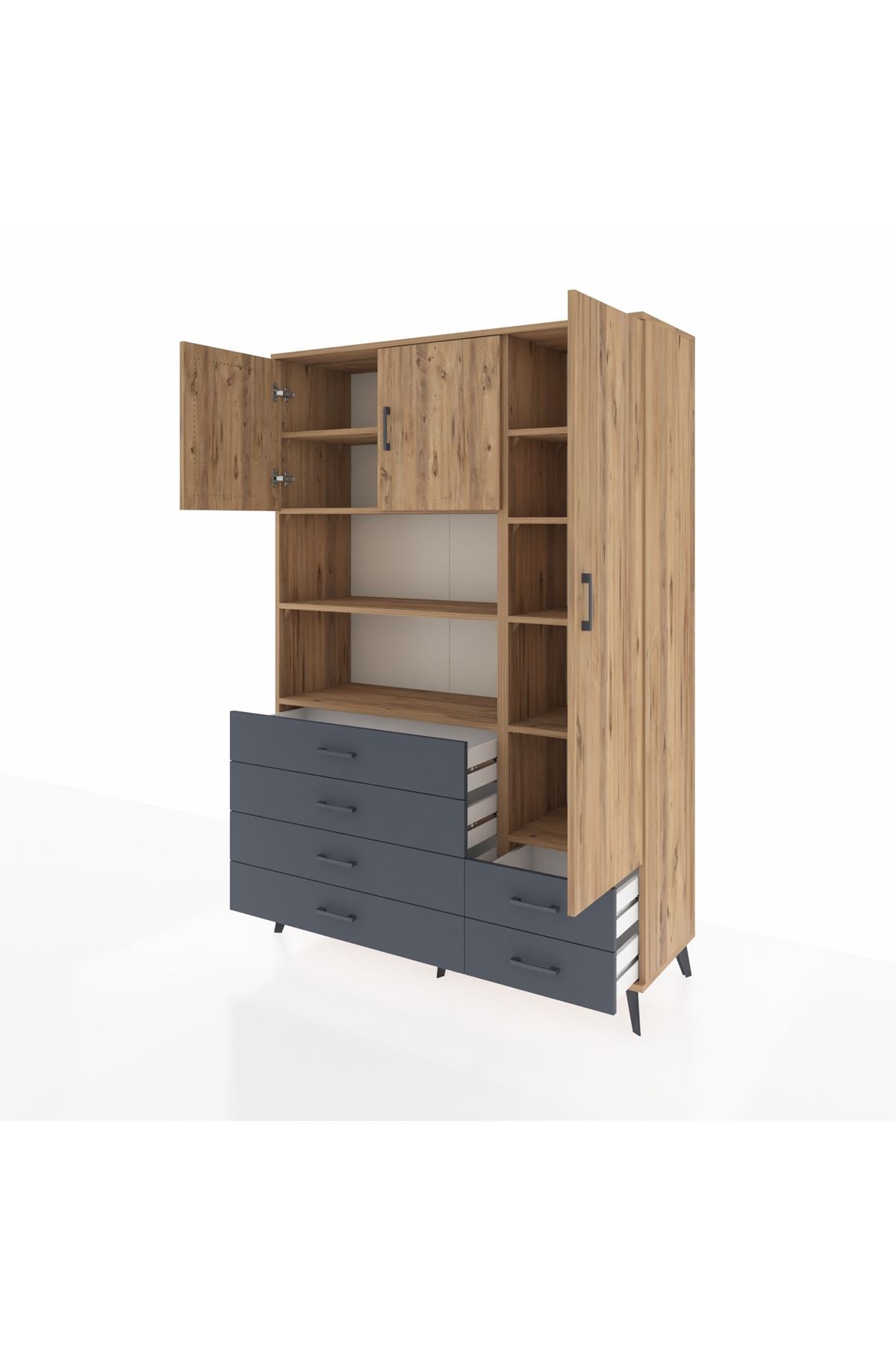 Hyperion Dolap 9 Raflı 6 Çekmeceli 3 Kapaklı 132x44x195 Çam-Çam/Antrasit