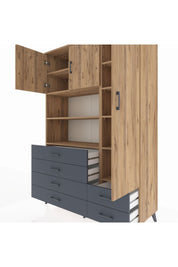 Hyperion Dolap 9 Raflı 6 Çekmeceli 3 Kapaklı 132x44x195 Çam-Çam/Antrasit