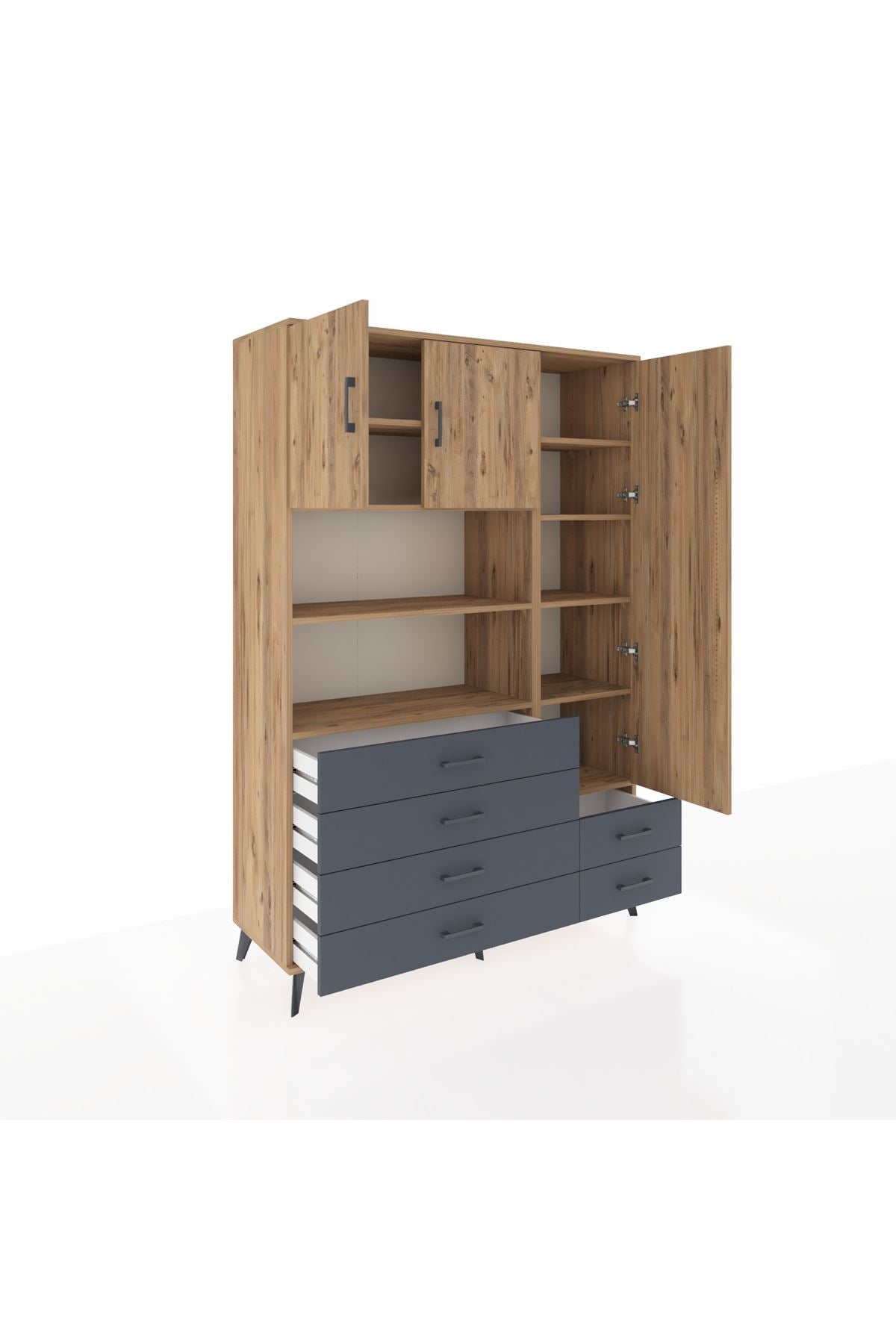 Hyperion Dolap 9 Raflı 6 Çekmeceli 3 Kapaklı 132x44x195 Çam-Çam/Antrasit