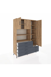 Hyperion Dolap 9 Raflı 6 Çekmeceli 3 Kapaklı 132x44x195 Çam-Çam/Antrasit