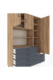 Hyperion Dolap 9 Raflı 6 Çekmeceli 3 Kapaklı 132x44x195 Çam-Çam/Antrasit