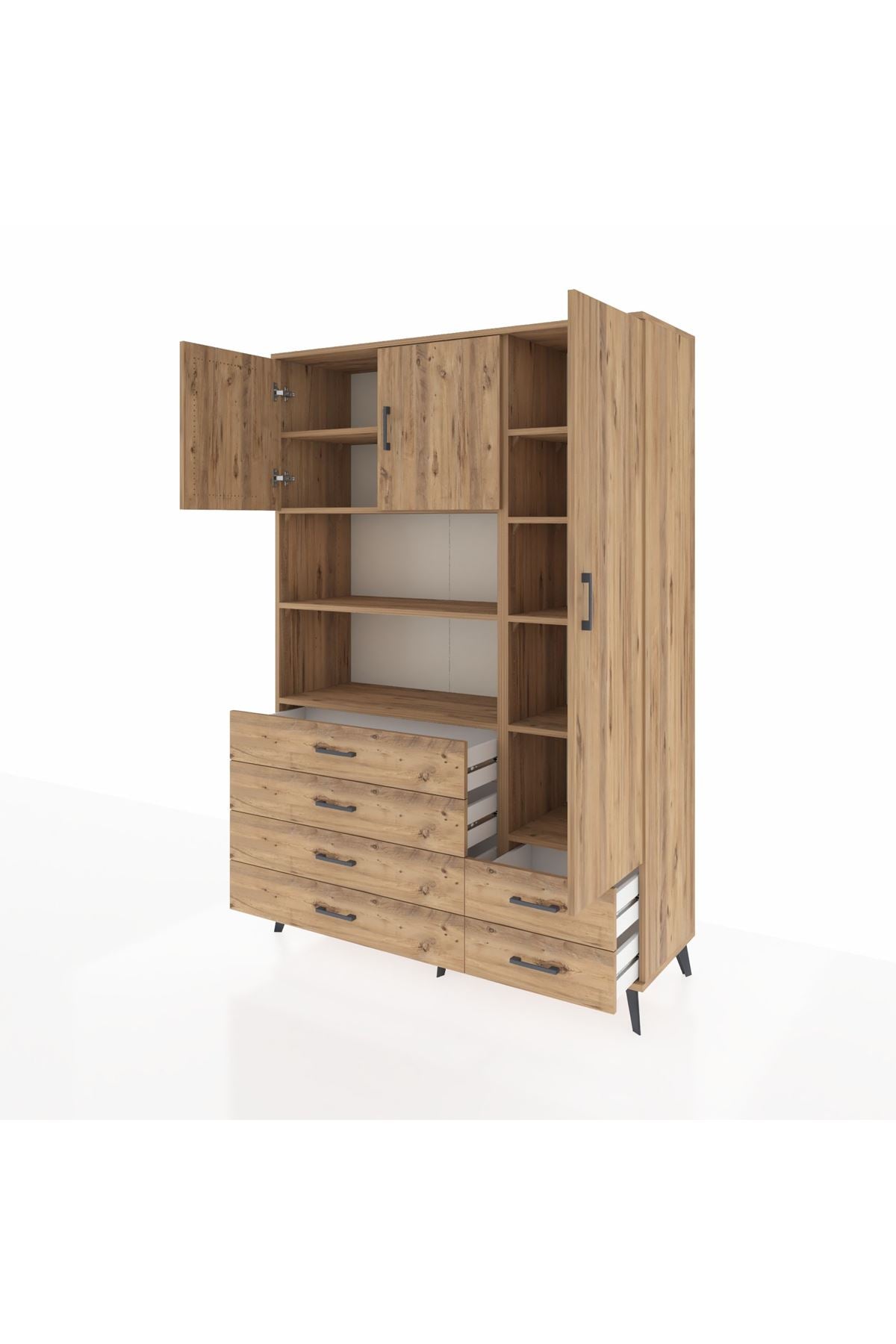 Hyperion Dolap 9 Raflı 6 Çekmeceli 3 Kapaklı 132x44x195 Çam-Çam/Çam