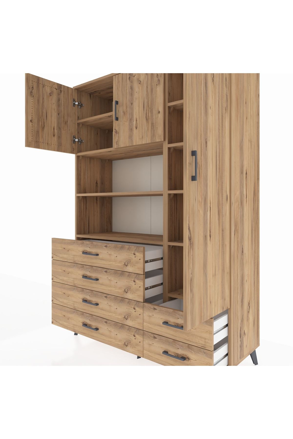 Hyperion Dolap 9 Raflı 6 Çekmeceli 3 Kapaklı 132x44x195 Çam-Çam/Çam