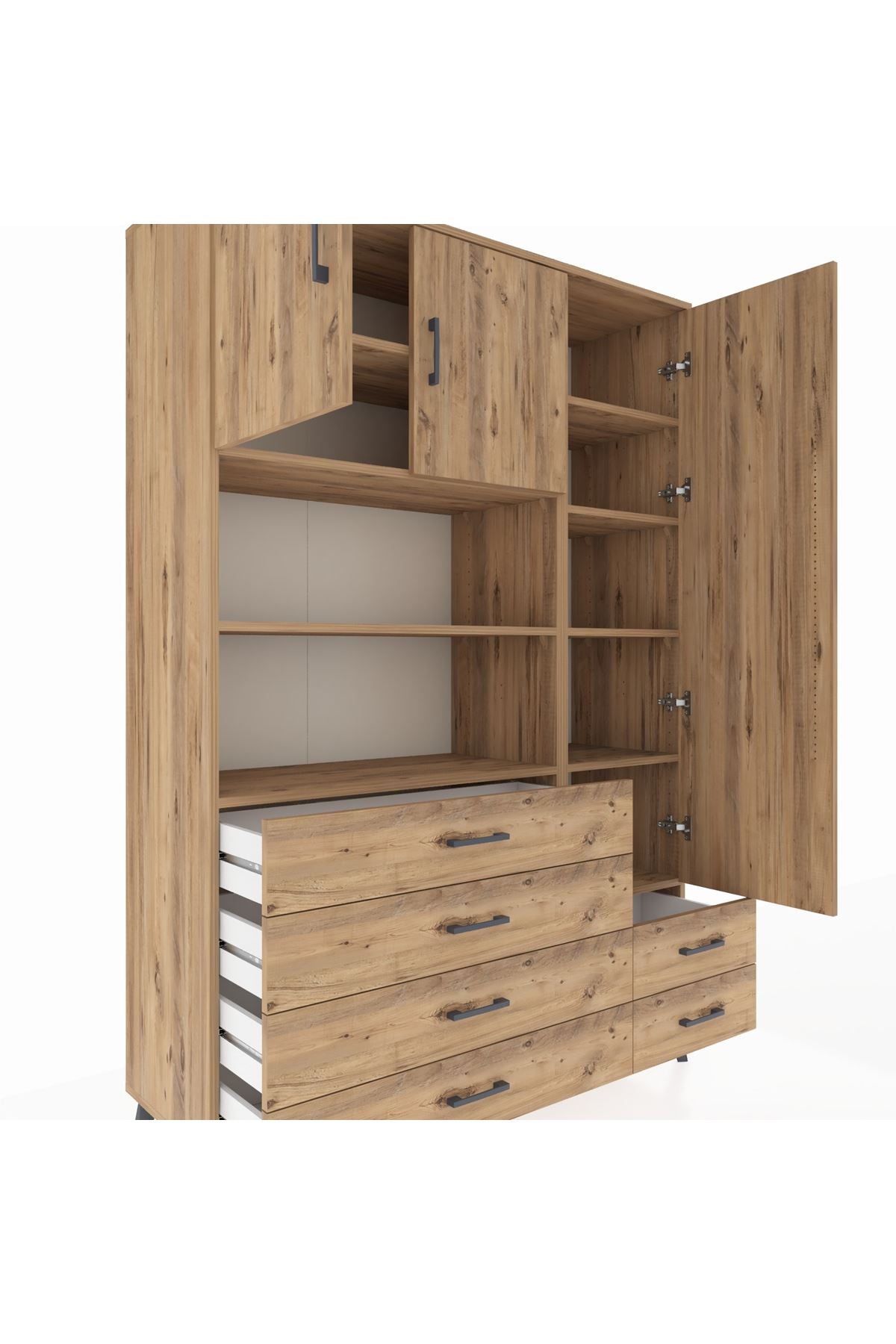 Hyperion Dolap 9 Raflı 6 Çekmeceli 3 Kapaklı 132x44x195 Çam-Çam/Çam