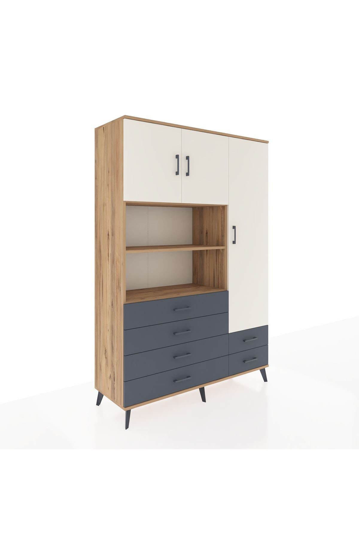 Hyperion Dolap 9 Raflı 6 Çekmeceli 3 Kapaklı 132x44x195 Çam-Aytaşı/Antrasit
