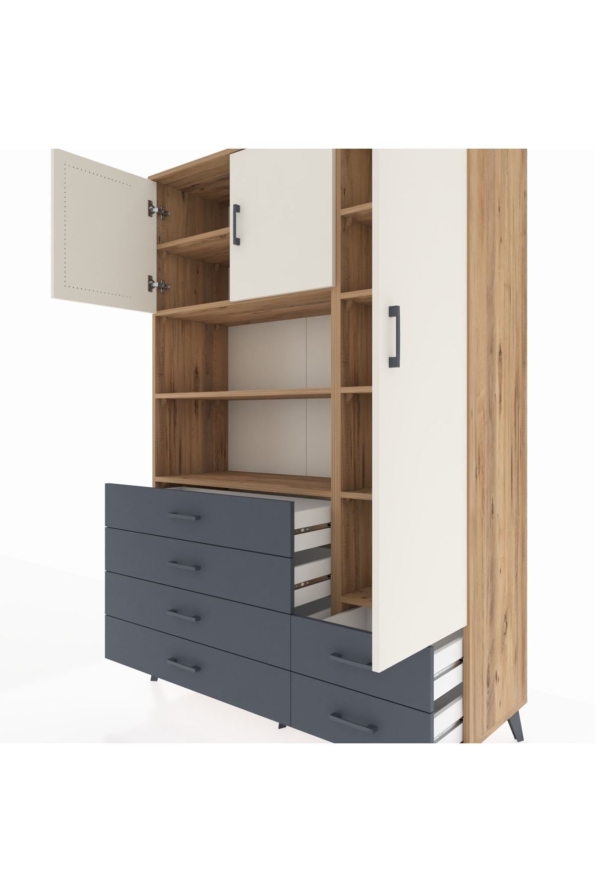 Hyperion Dolap 9 Raflı 6 Çekmeceli 3 Kapaklı 132x44x195 Çam-Aytaşı/Antrasit