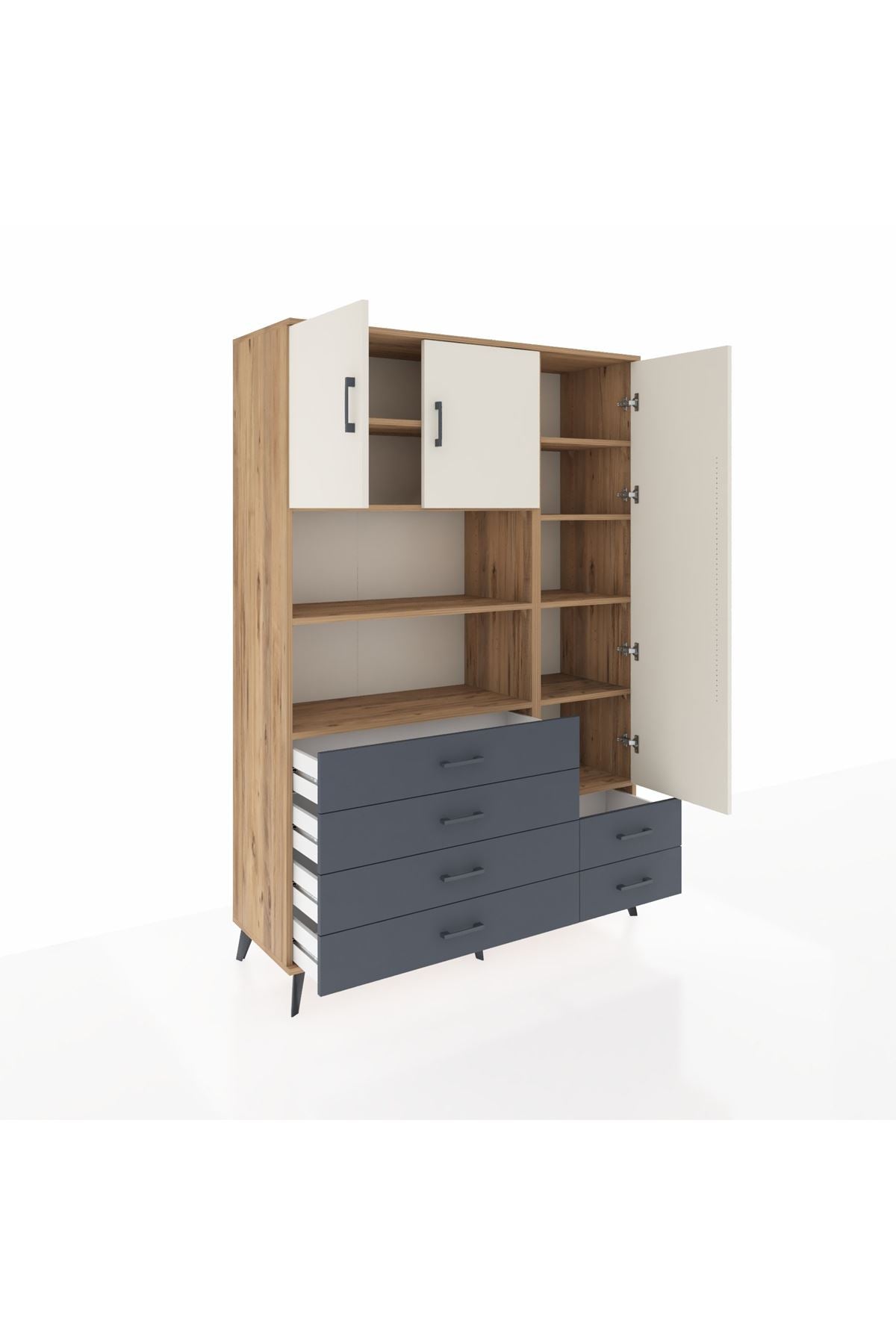 Hyperion Dolap 9 Raflı 6 Çekmeceli 3 Kapaklı 132x44x195 Çam-Aytaşı/Antrasit
