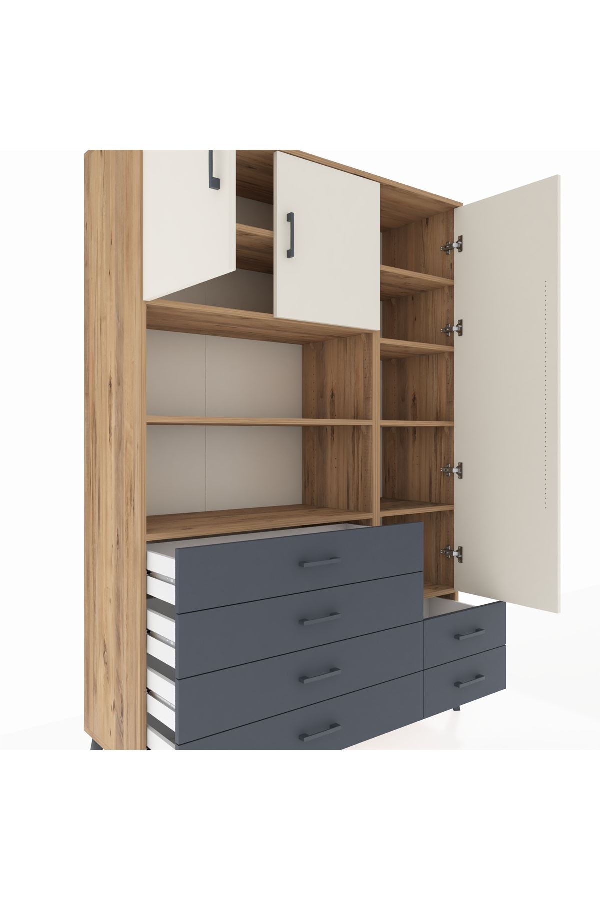 Hyperion Dolap 9 Raflı 6 Çekmeceli 3 Kapaklı 132x44x195 Çam-Aytaşı/Antrasit