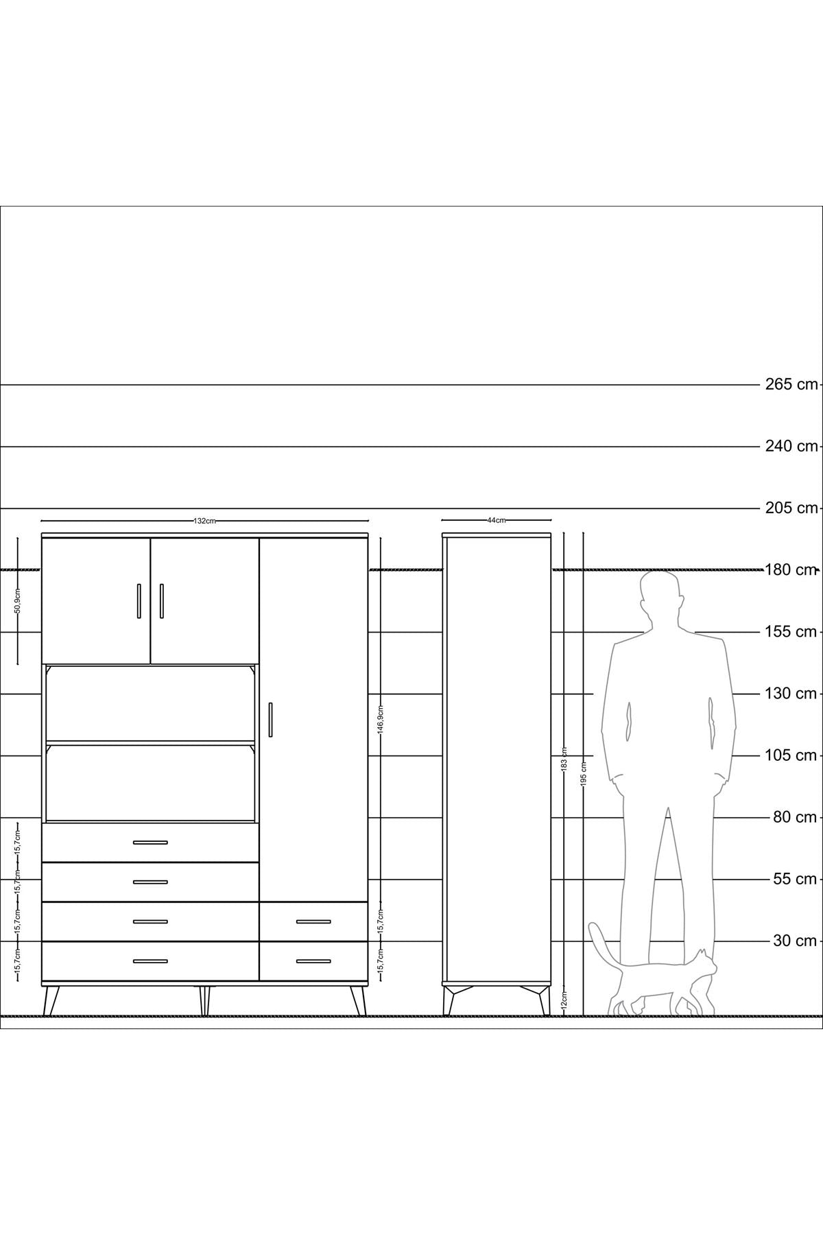 Hyperion Dolap 9 Raflı 6 Çekmeceli 3 Kapaklı 132x44x195 Çam-Aytaşı/Çam