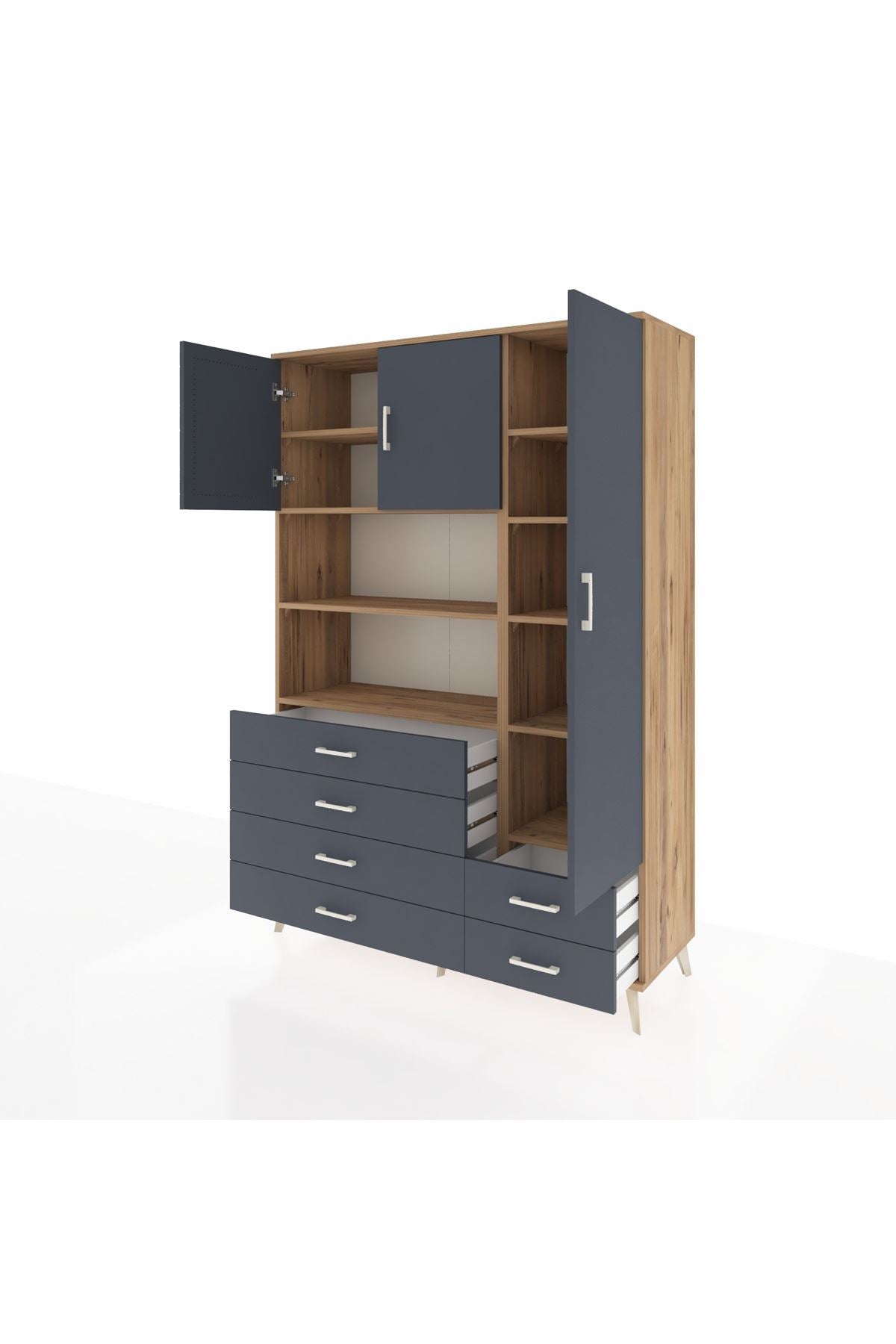 Hyperion Dolap 9 Raflı 6 Çekmeceli 3 Kapaklı 132x44x195 Çam-Antrasit/Antrasit