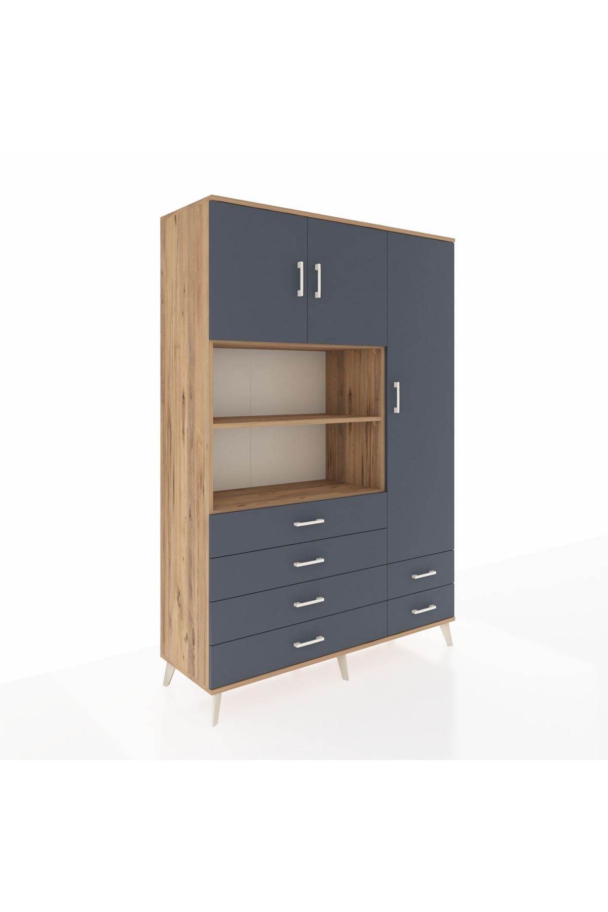 Hyperion Dolap 9 Raflı 6 Çekmeceli 3 Kapaklı 132x44x195 Çam-Antrasit/Antrasit