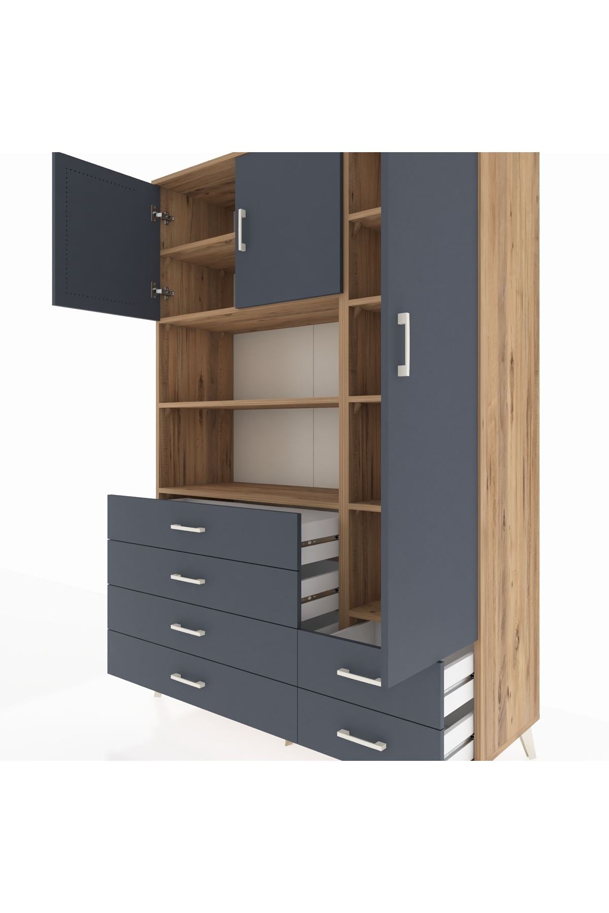 Hyperion Dolap 9 Raflı 6 Çekmeceli 3 Kapaklı 132x44x195 Çam-Antrasit/Antrasit