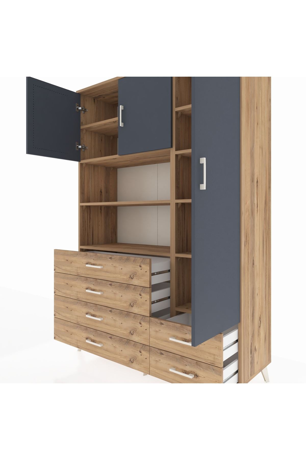 Hyperion Dolap 9 Raflı 6 Çekmeceli 3 Kapaklı 132x44x195 Çam-Antrasit/Çam