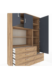 Hyperion Dolap 9 Raflı 6 Çekmeceli 3 Kapaklı 132x44x195 Çam-Antrasit/Çam