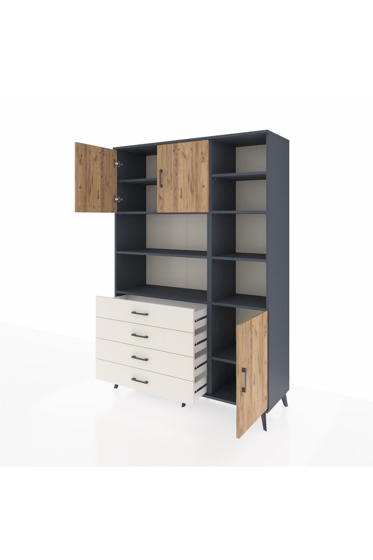 Hyperion Dolap 9 Raflı 4 Çekmeceli 3 Kapaklı 132x44x195 Antrasit-Çam/Aytaşı