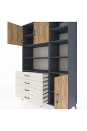 Hyperion Dolap 9 Raflı 4 Çekmeceli 3 Kapaklı 132x44x195 Antrasit-Çam/Aytaşı