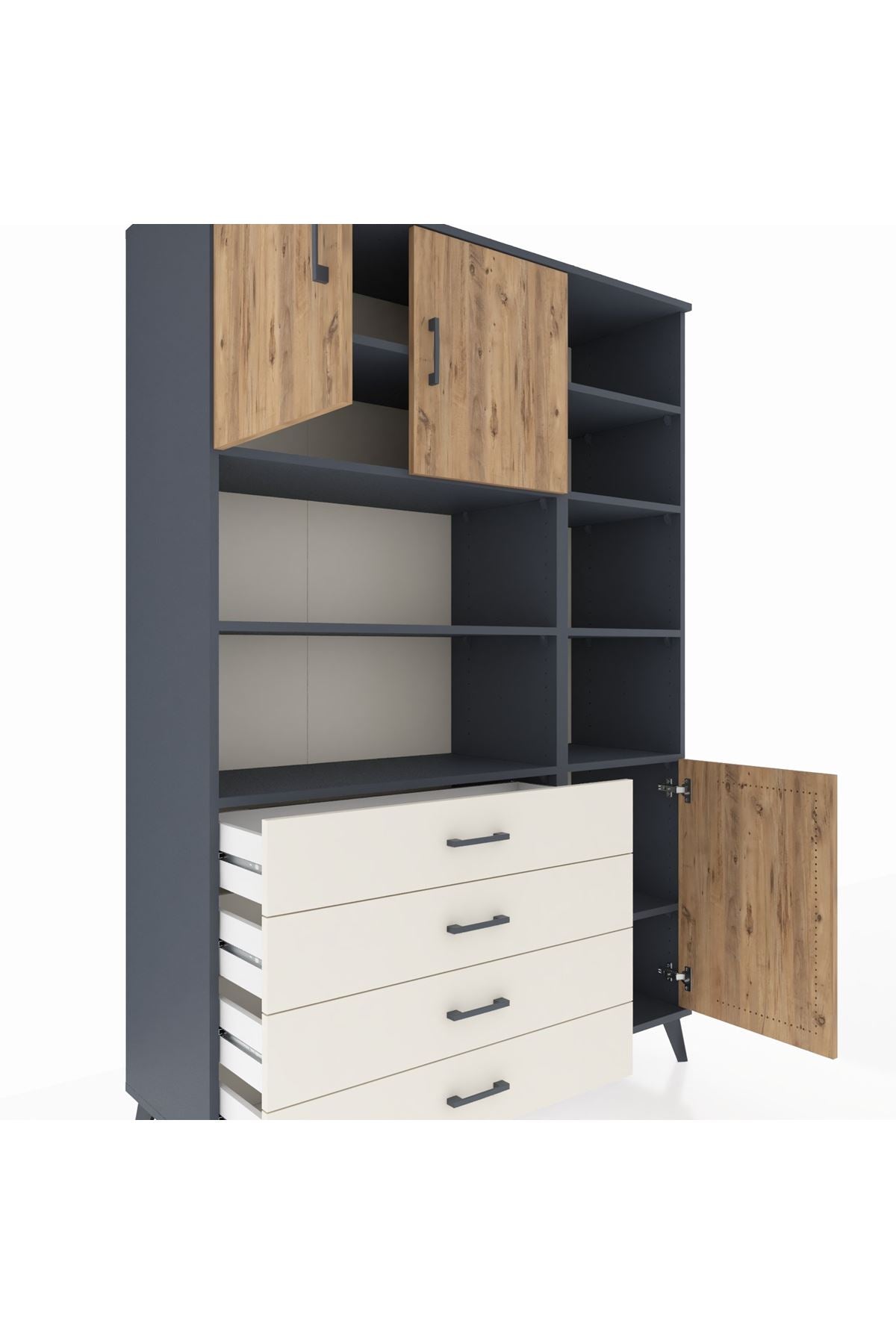 Hyperion Dolap 9 Raflı 4 Çekmeceli 3 Kapaklı 132x44x195 Antrasit-Çam/Aytaşı