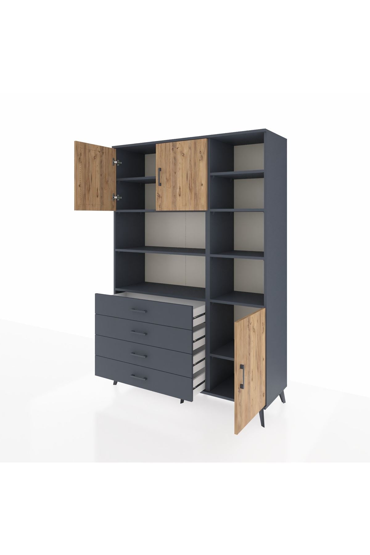 Hyperion Dolap 9 Raflı 4 Çekmeceli 3 Kapaklı 132x44x195 Antrasit-Çam/Antrasit