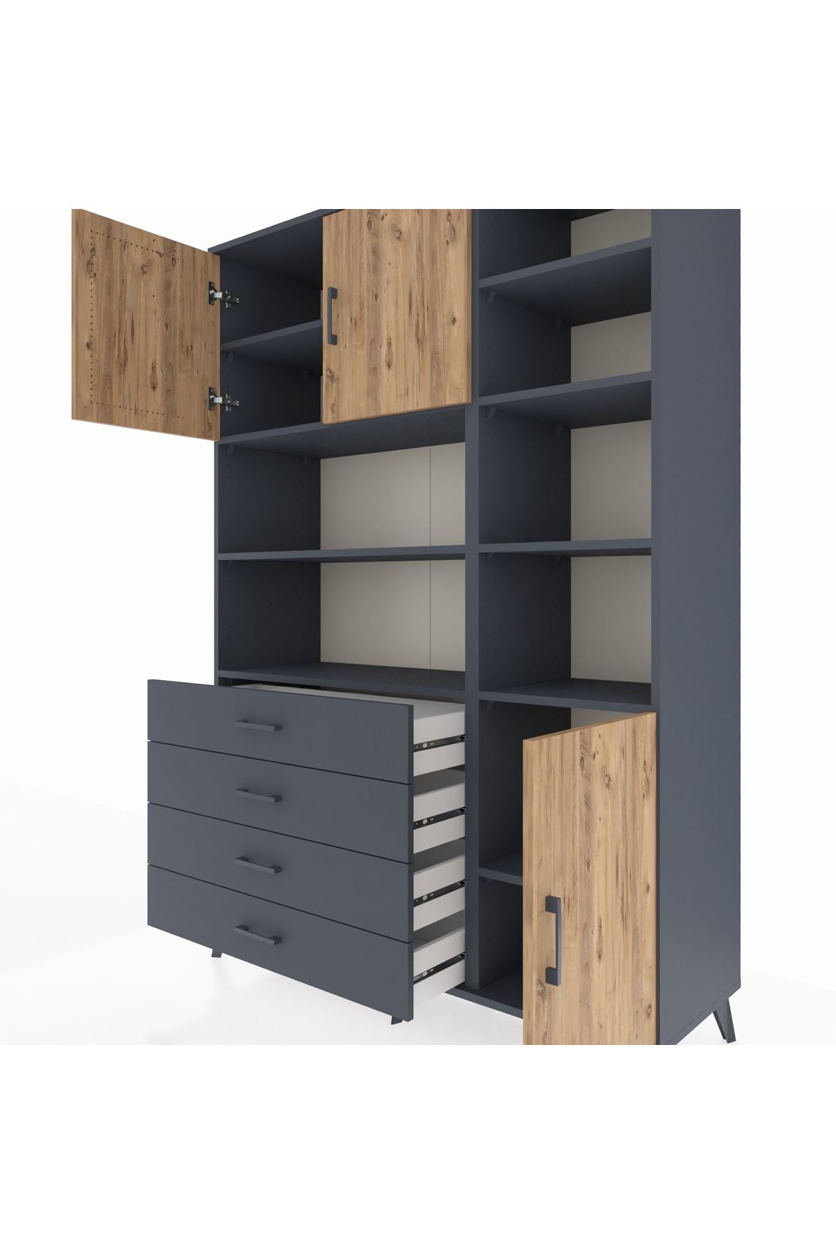 Hyperion Dolap 9 Raflı 4 Çekmeceli 3 Kapaklı 132x44x195 Antrasit-Çam/Antrasit