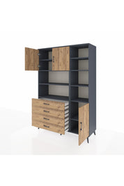 Hyperion Dolap 9 Raflı 4 Çekmeceli 3 Kapaklı 132x44x195 Antrasit-Çam/Çam