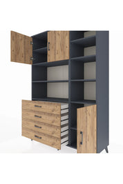 Hyperion Dolap 9 Raflı 4 Çekmeceli 3 Kapaklı 132x44x195 Antrasit-Çam/Çam