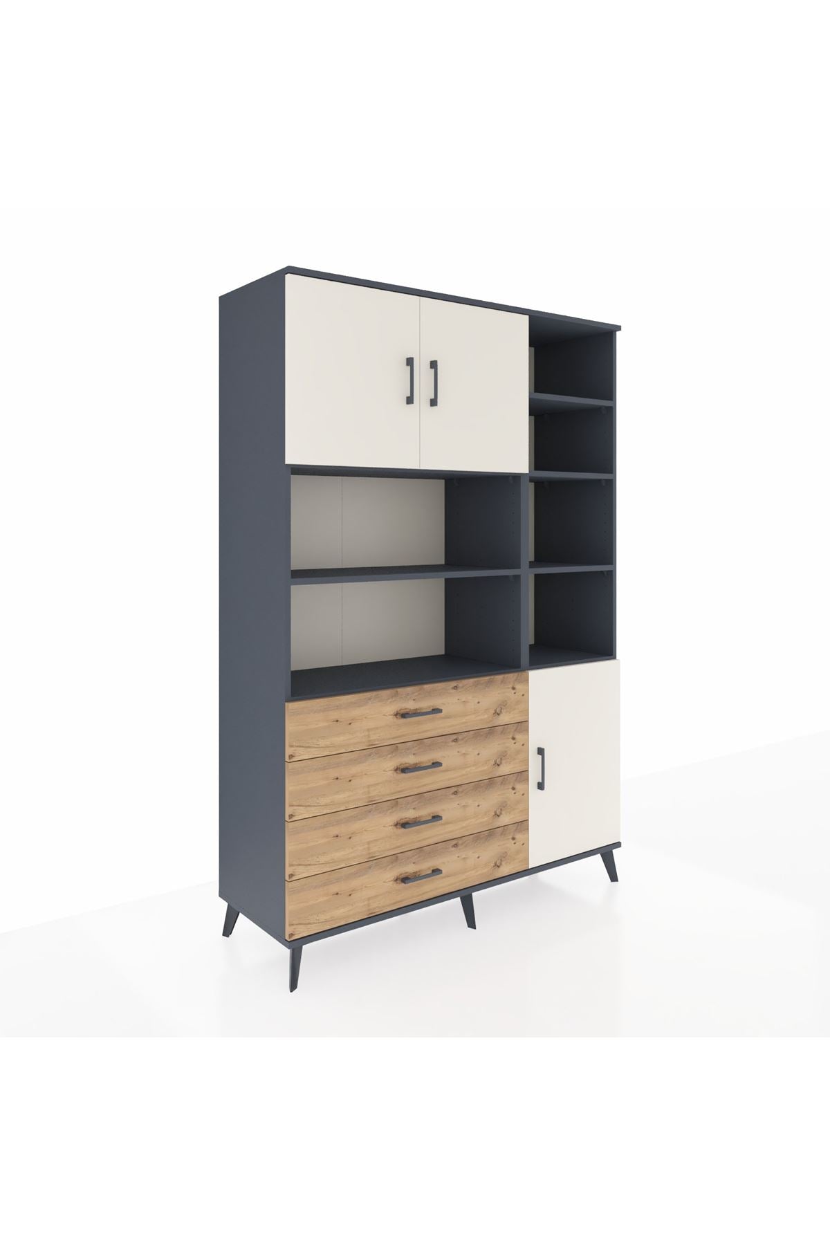 Hyperion Dolap 9 Raflı 4 Çekmeceli 3 Kapaklı 132x44x195 Antrasit-Aytaşı/Çam