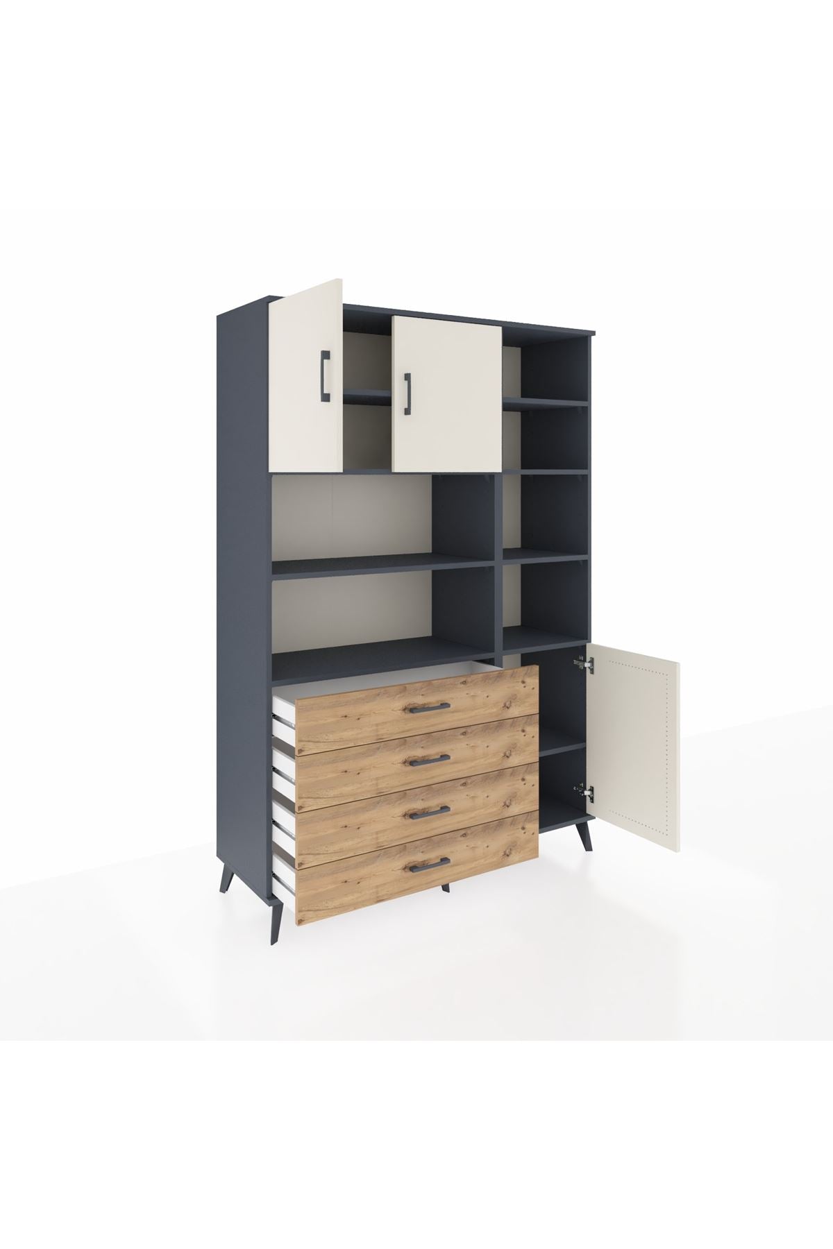 Hyperion Dolap 9 Raflı 4 Çekmeceli 3 Kapaklı 132x44x195 Antrasit-Aytaşı/Çam