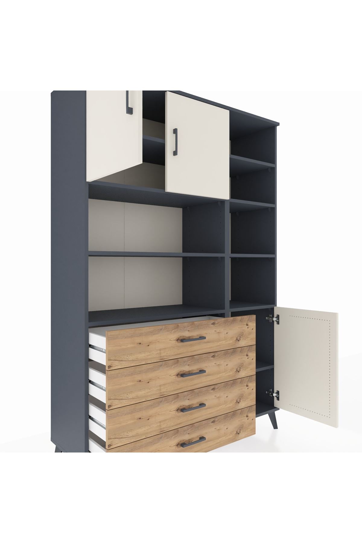 Hyperion Dolap 9 Raflı 4 Çekmeceli 3 Kapaklı 132x44x195 Antrasit-Aytaşı/Çam