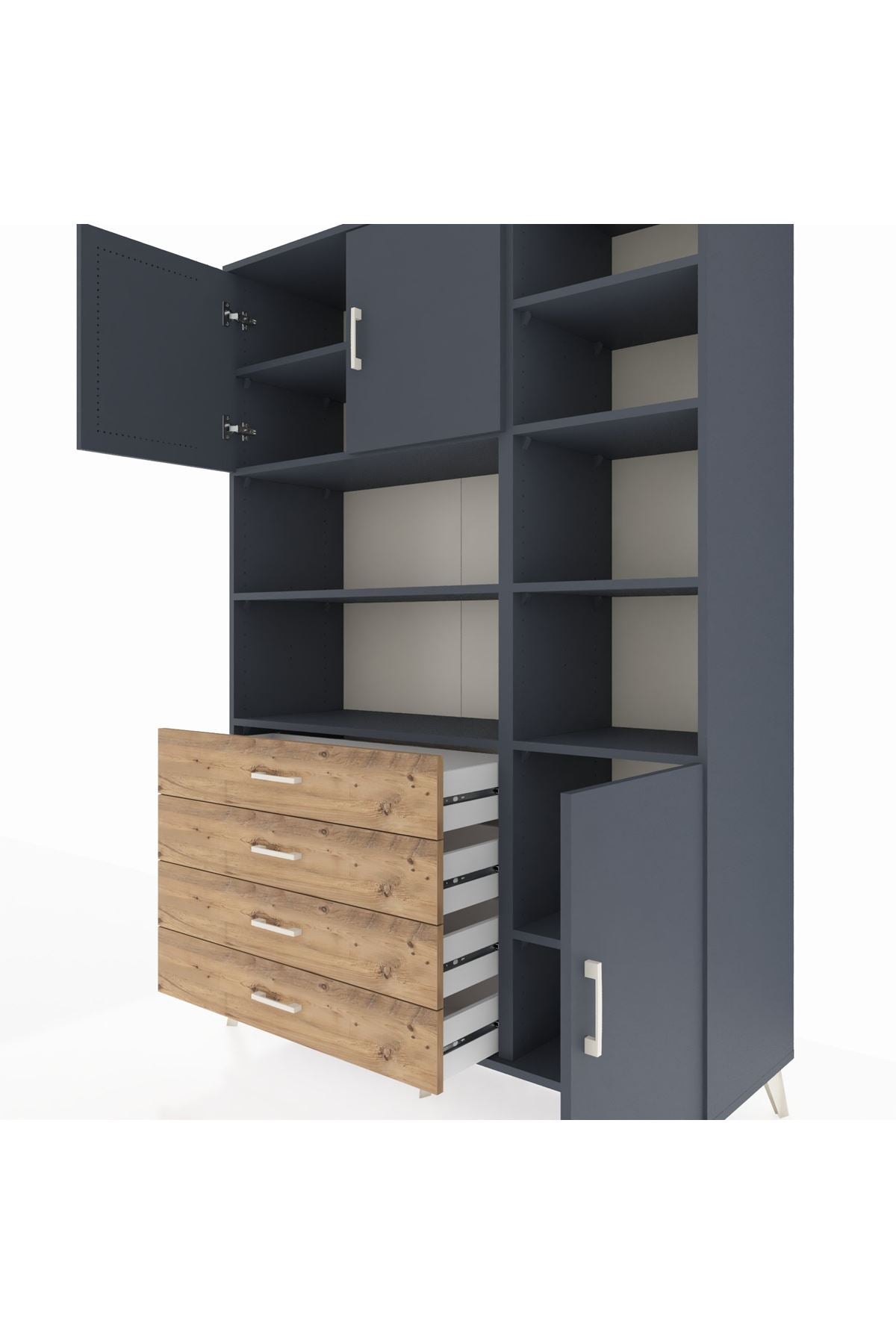 Hyperion Dolap 9 Raflı 4 Çekmeceli 3 Kapaklı 132x44x195 Antrasit-Antrasit/Çam