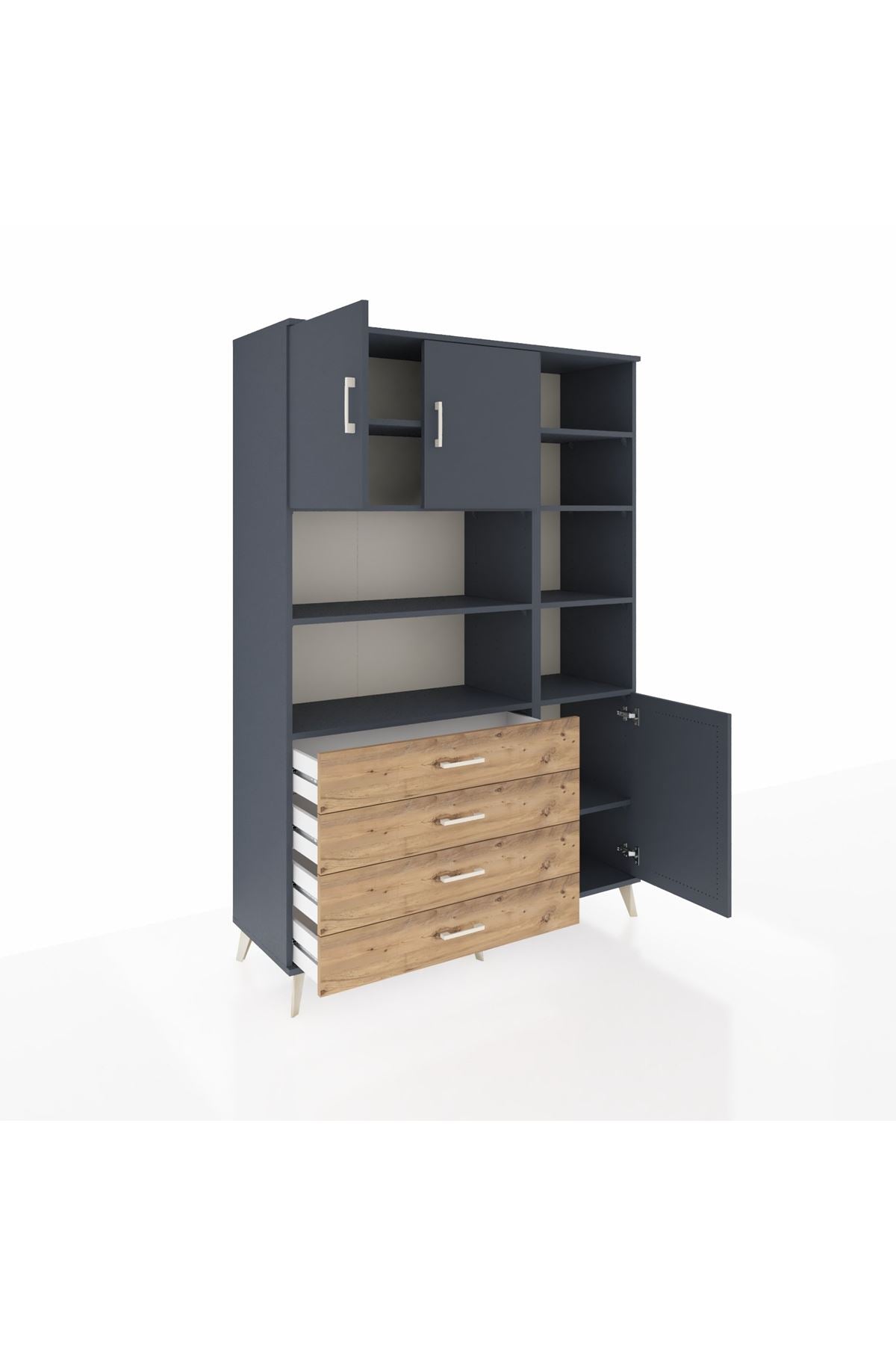 Hyperion Dolap 9 Raflı 4 Çekmeceli 3 Kapaklı 132x44x195 Antrasit-Antrasit/Çam