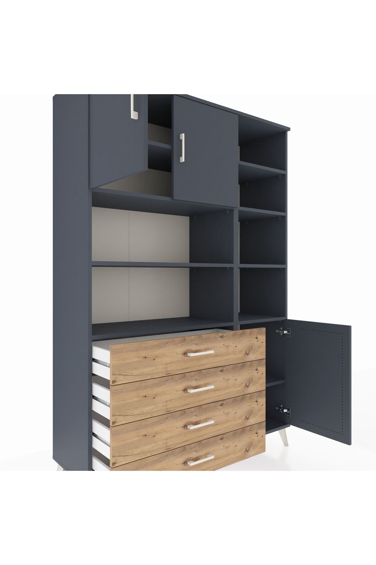 Hyperion Dolap 9 Raflı 4 Çekmeceli 3 Kapaklı 132x44x195 Antrasit-Antrasit/Çam