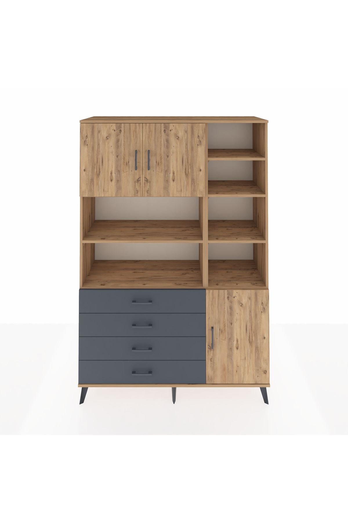 Hyperion Dolap 9 Raflı 4 Çekmeceli 3 Kapaklı 132x44x195 Çam-Çam/Antrasit