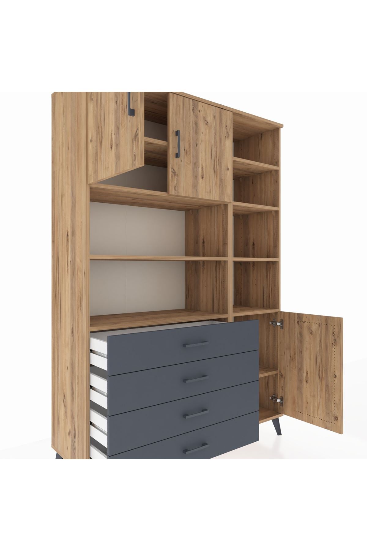 Hyperion Dolap 9 Raflı 4 Çekmeceli 3 Kapaklı 132x44x195 Çam-Çam/Antrasit