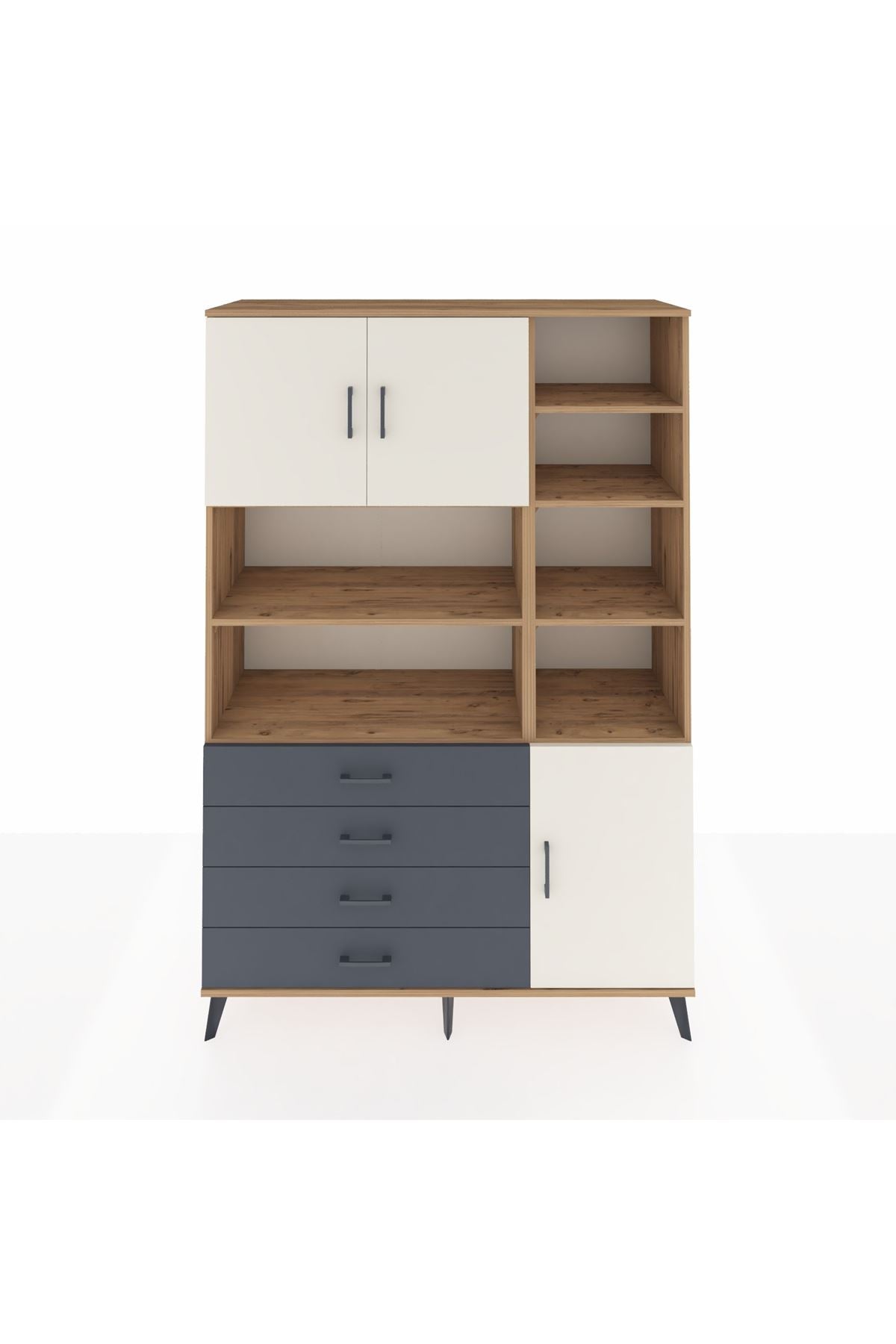 Hyperion Dolap 9 Raflı 4 Çekmeceli 3 Kapaklı 132x44x195 Çam-Aytaşı/Antrasit