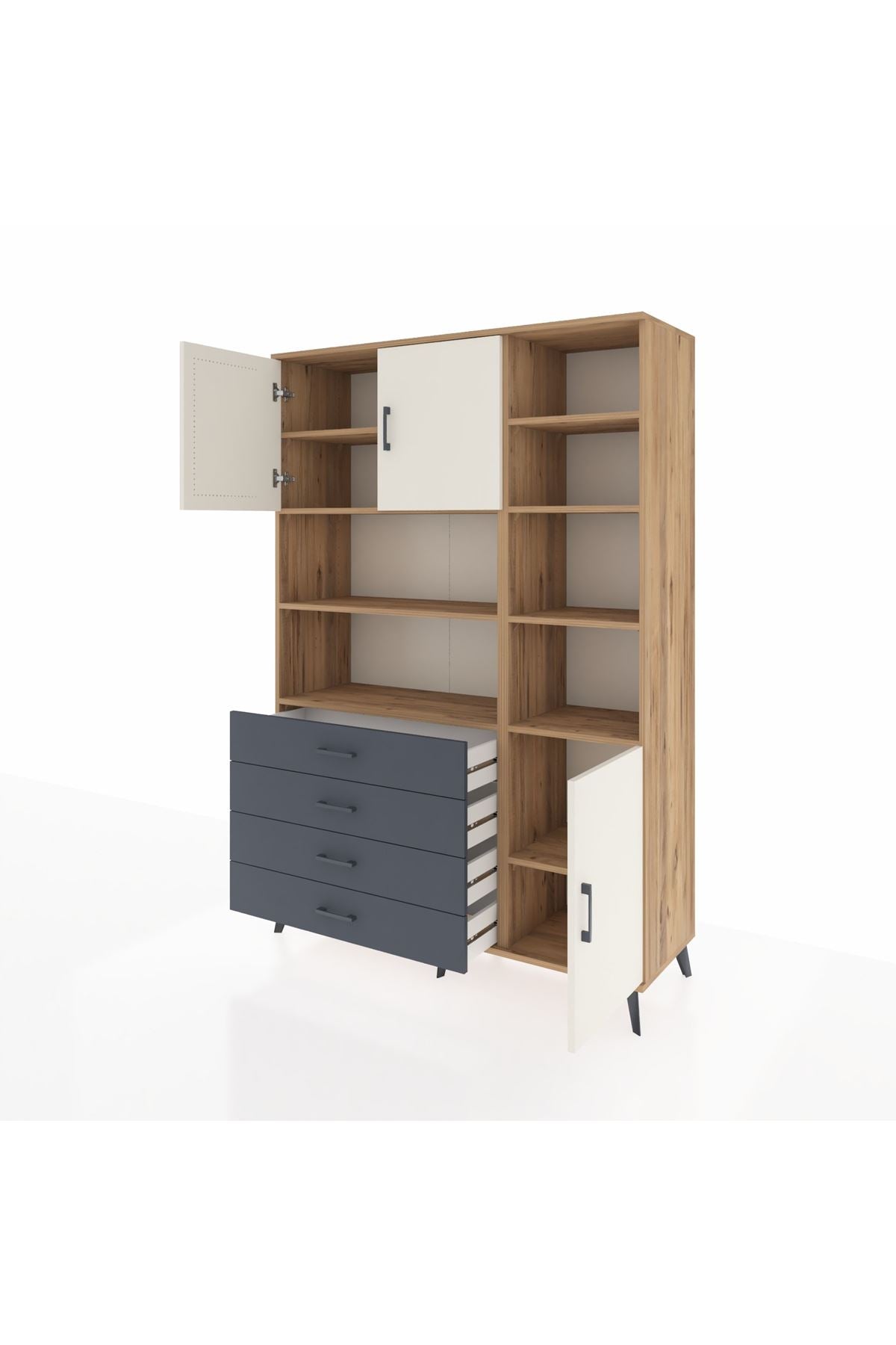 Hyperion Dolap 9 Raflı 4 Çekmeceli 3 Kapaklı 132x44x195 Çam-Aytaşı/Antrasit