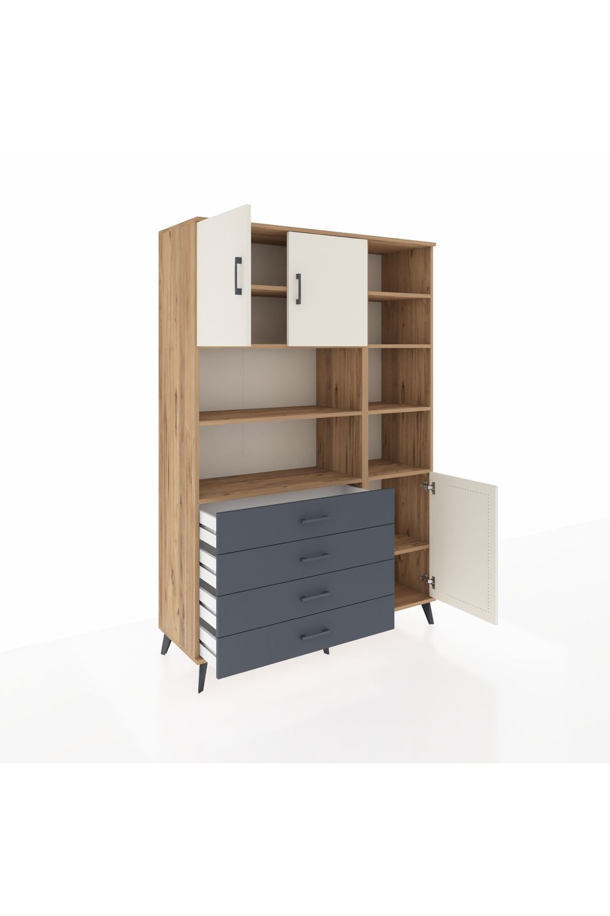 Hyperion Dolap 9 Raflı 4 Çekmeceli 3 Kapaklı 132x44x195 Çam-Aytaşı/Antrasit