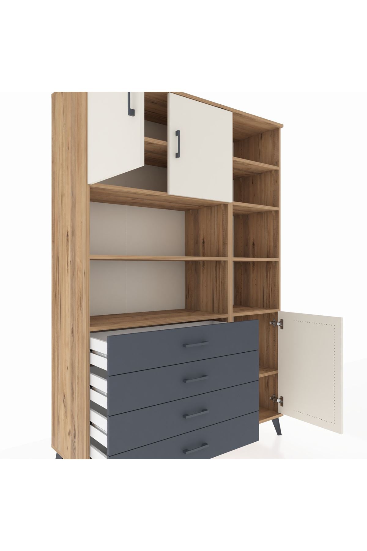 Hyperion Dolap 9 Raflı 4 Çekmeceli 3 Kapaklı 132x44x195 Çam-Aytaşı/Antrasit