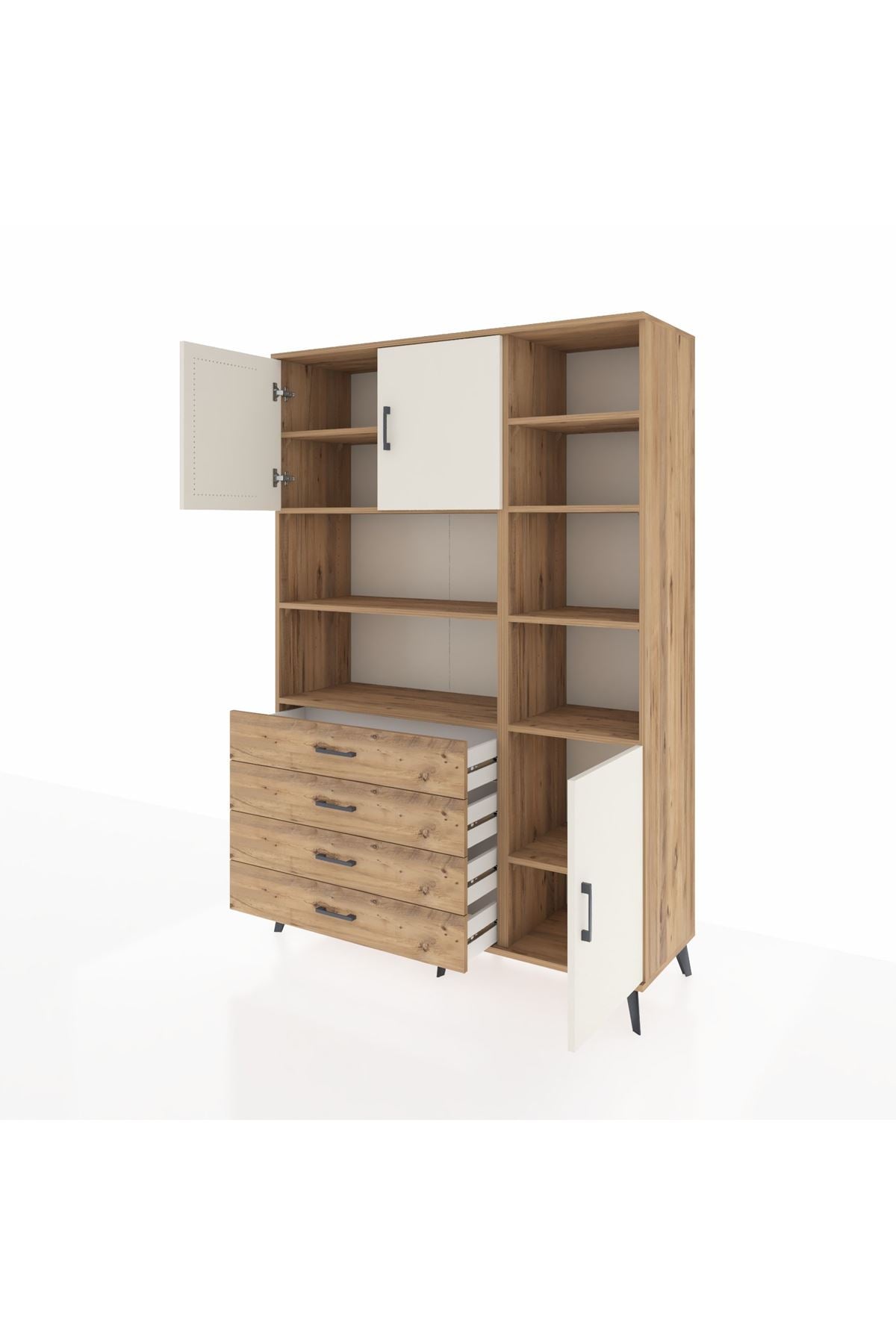 Hyperion Dolap 9 Raflı 4 Çekmeceli 3 Kapaklı 132x44x195 Çam-Aytaşı/Çam