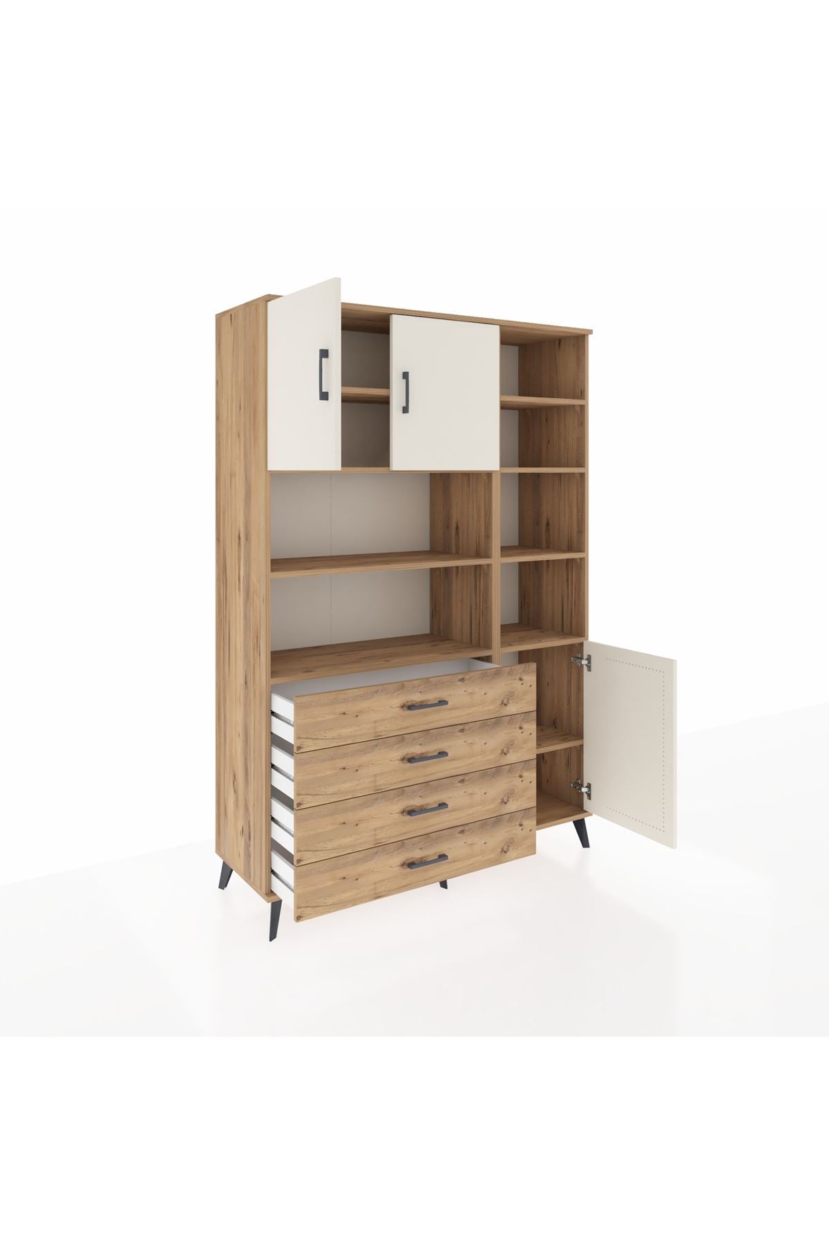 Hyperion Dolap 9 Raflı 4 Çekmeceli 3 Kapaklı 132x44x195 Çam-Aytaşı/Çam