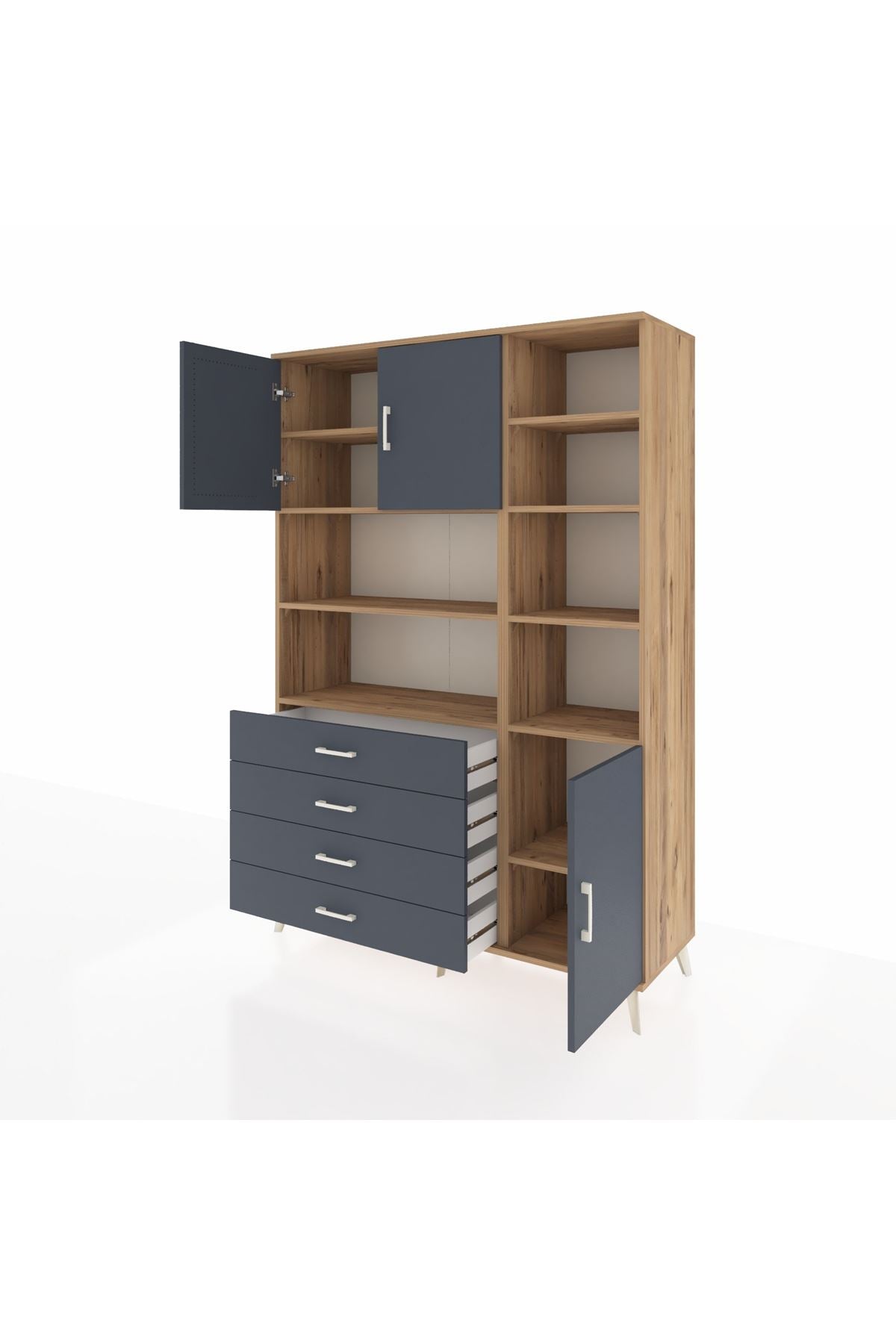 Hyperion Dolap 9 Raflı 4 Çekmeceli 3 Kapaklı 132x44x195 Çam-Antrasit/Antrasit