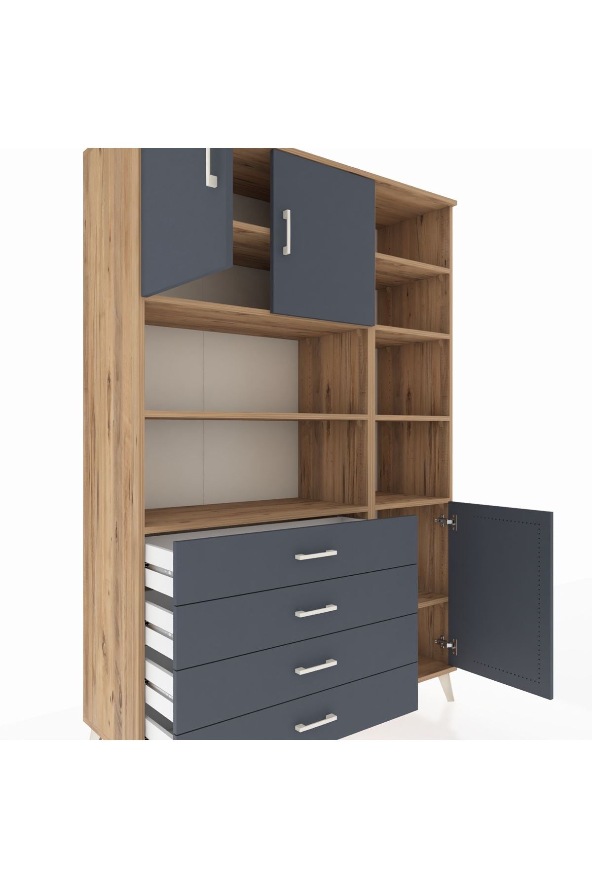Hyperion Dolap 9 Raflı 4 Çekmeceli 3 Kapaklı 132x44x195 Çam-Antrasit/Antrasit