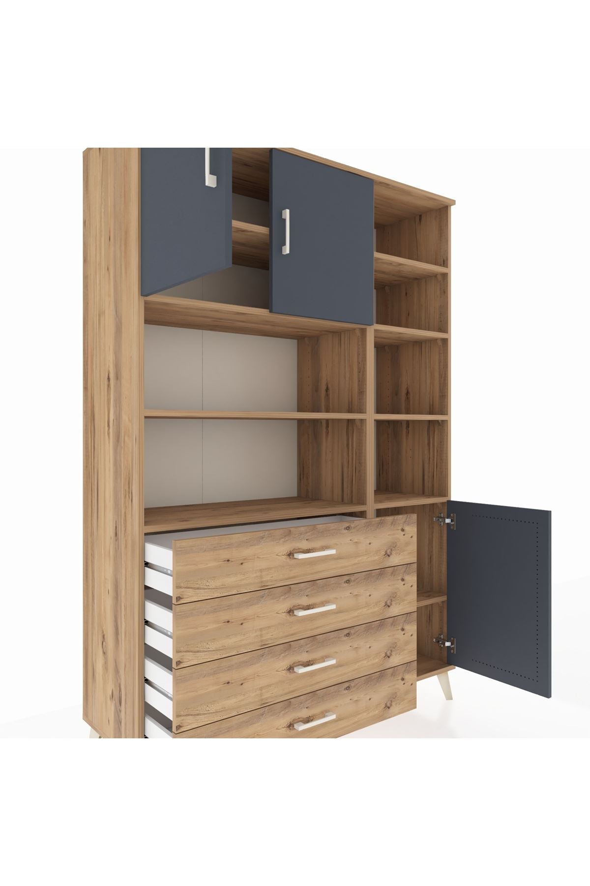 Hyperion Dolap 9 Raflı 4 Çekmeceli 3 Kapaklı 132x44x195 Çam-Antrasit/Çam