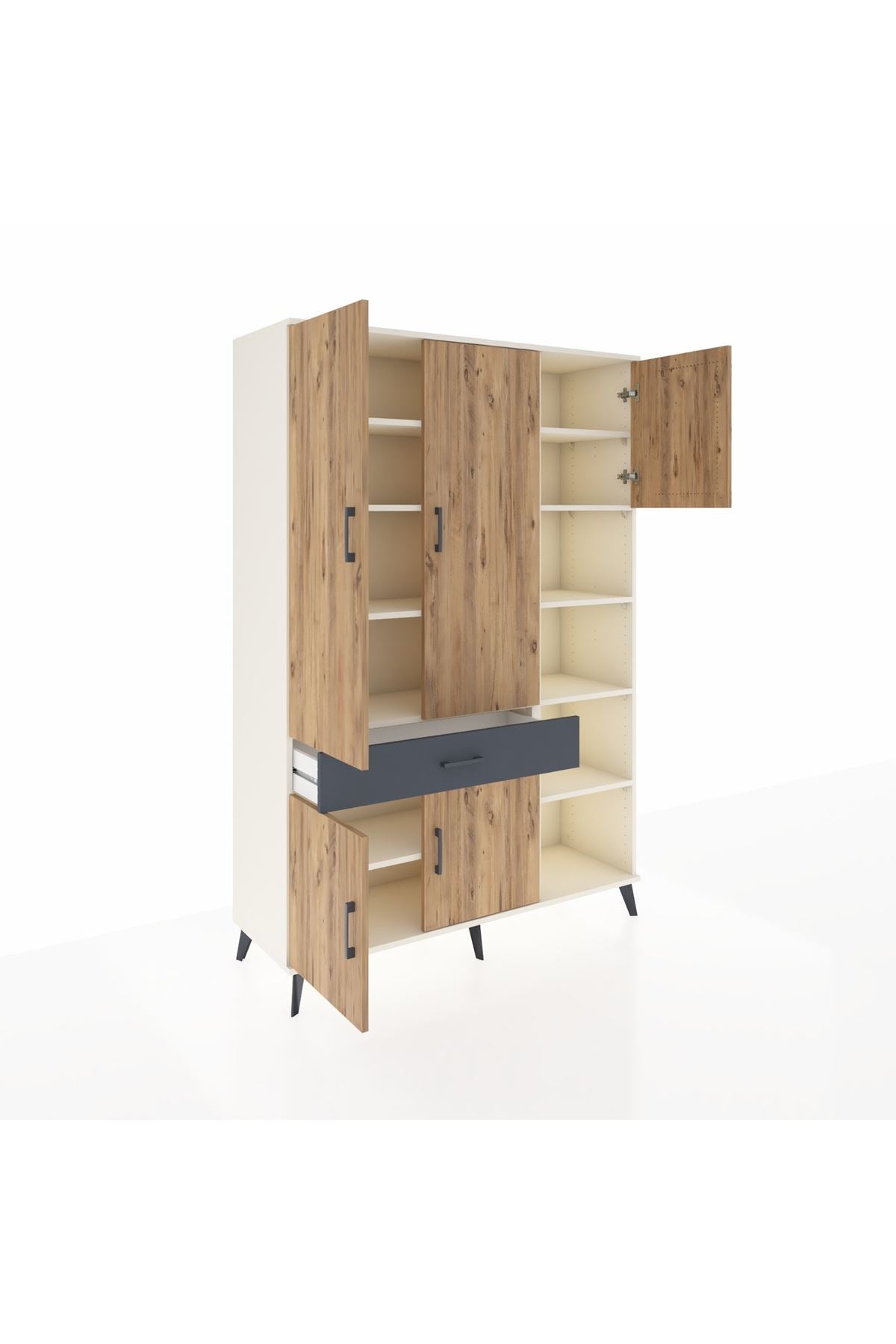 Hyperion Dolap 10 Raflı Tek Çekmeceli 5 Kapaklı 132x44x195 Aytaşı-Çam/Antrasit