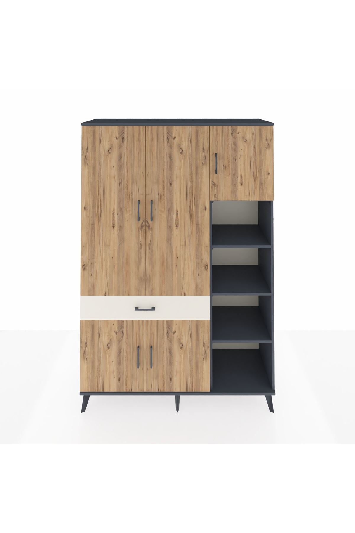 Hyperion Dolap 10 Raflı Tek Çekmeceli 5 Kapaklı 132x44x195 Antrasit-Çam/Aytaşı