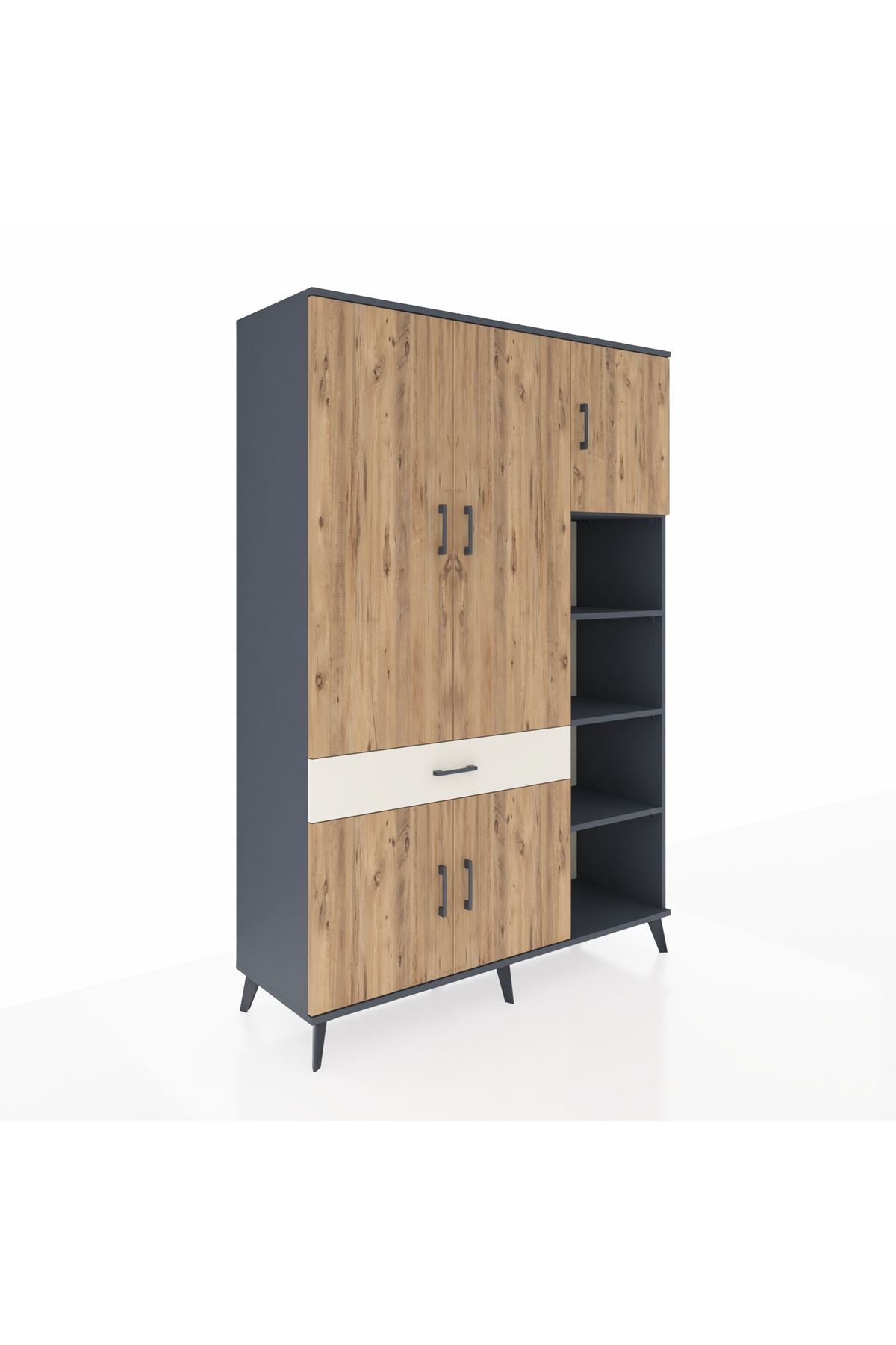 Hyperion Dolap 10 Raflı Tek Çekmeceli 5 Kapaklı 132x44x195 Antrasit-Çam/Aytaşı