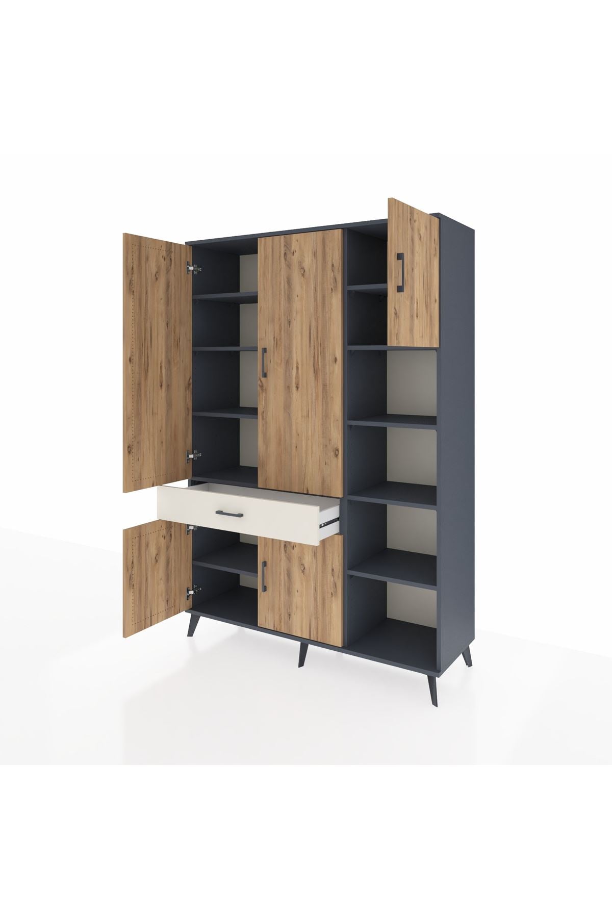 Hyperion Dolap 10 Raflı Tek Çekmeceli 5 Kapaklı 132x44x195 Antrasit-Çam/Aytaşı