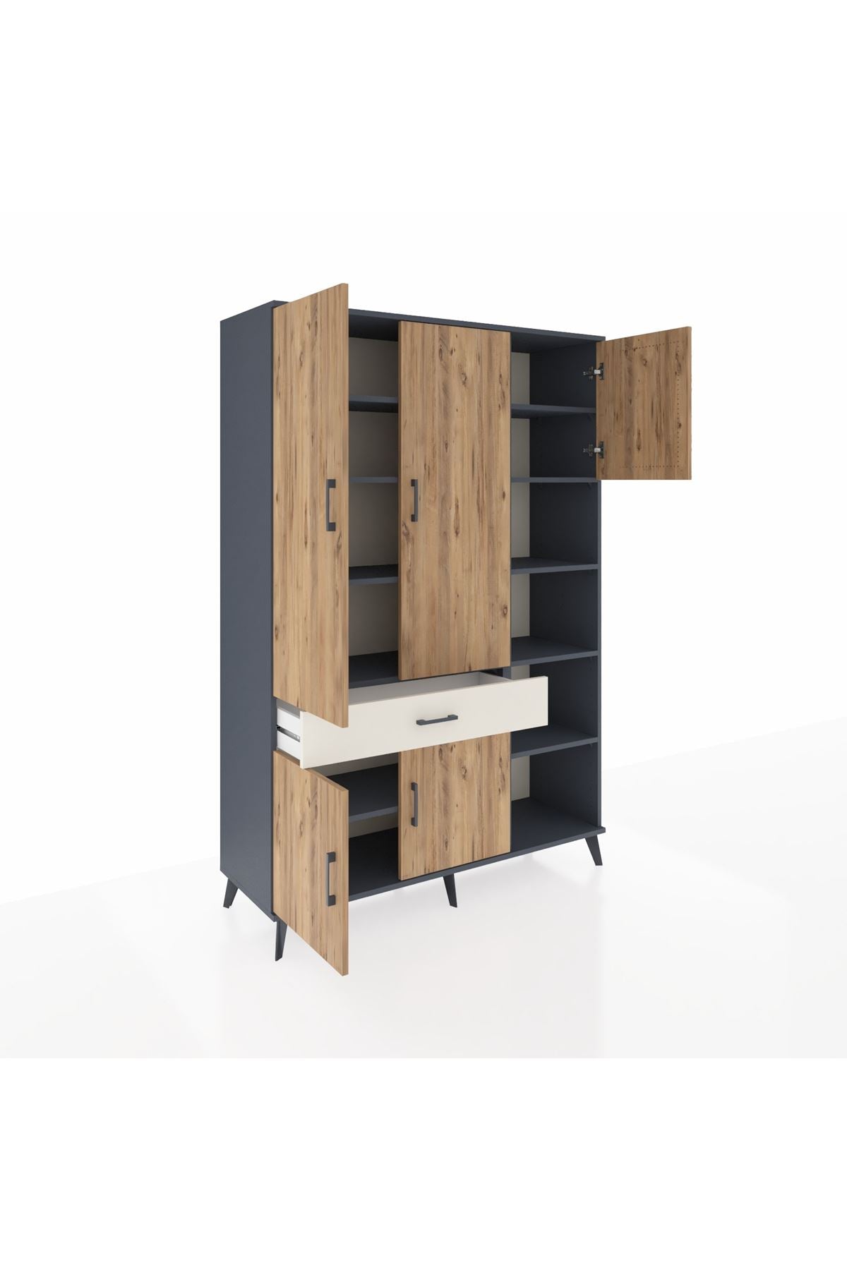 Hyperion Dolap 10 Raflı Tek Çekmeceli 5 Kapaklı 132x44x195 Antrasit-Çam/Aytaşı